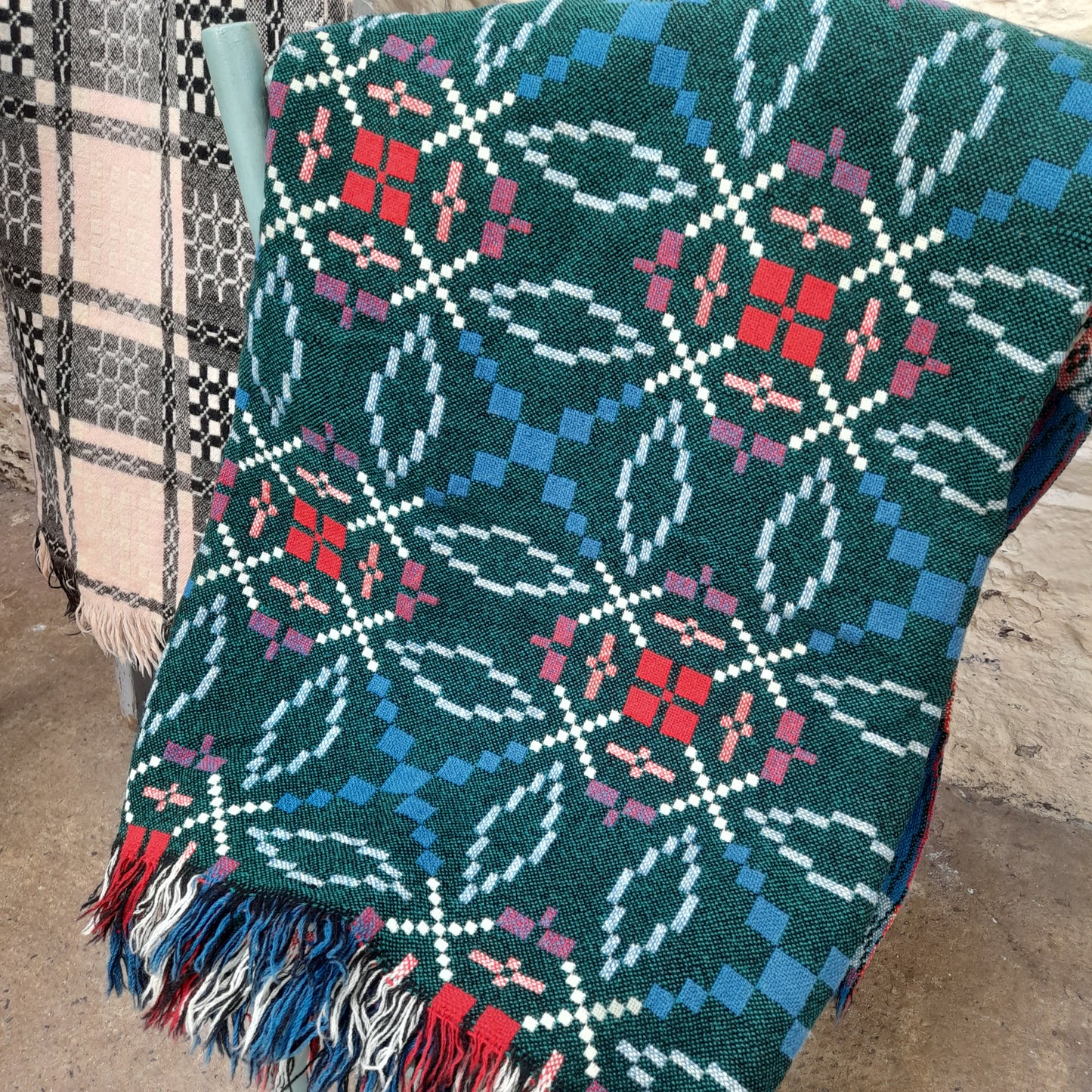 Vintage Welsh Tapestry Blanket in Teal Green, Blue & White With A Pop of Red
