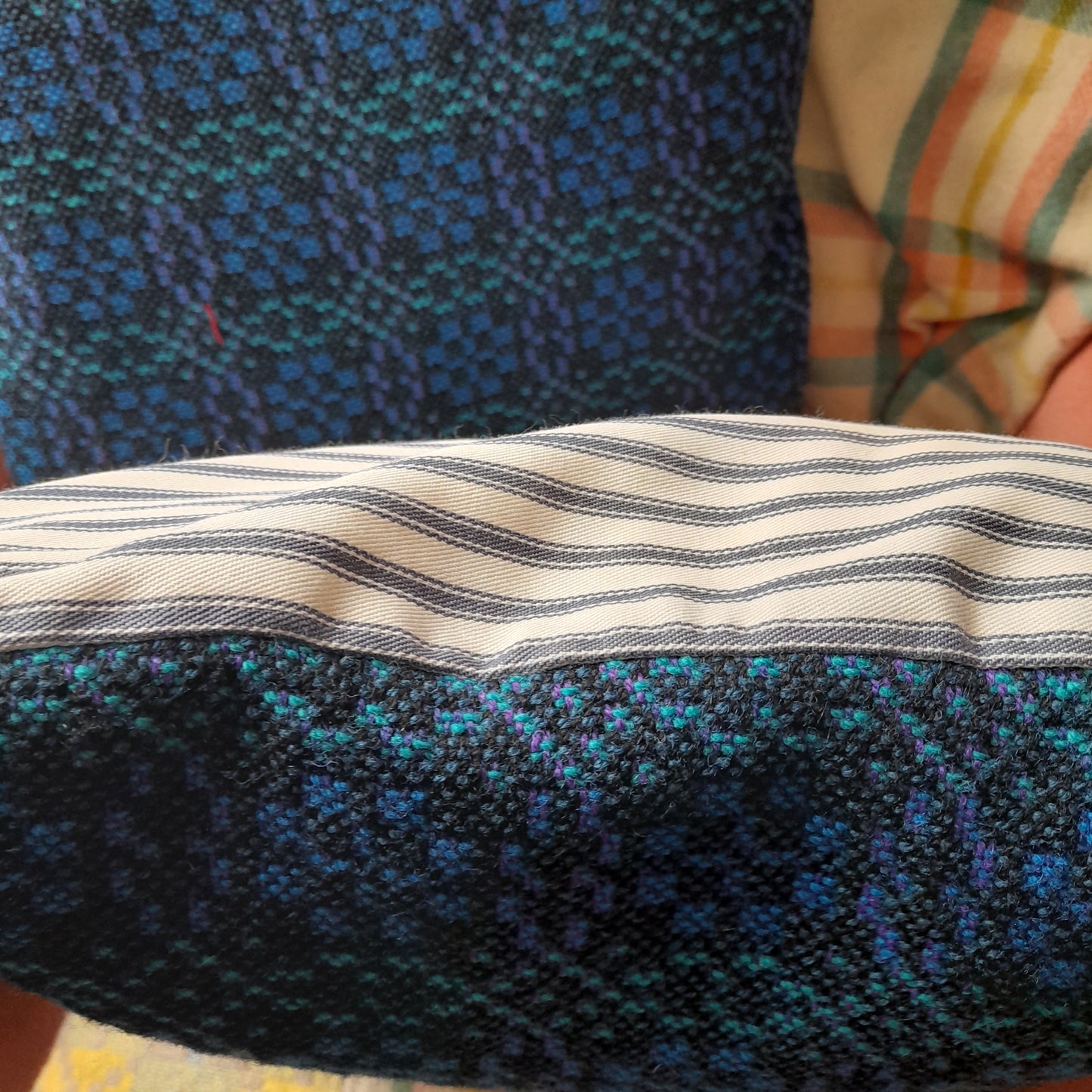 PAIR Handmade Cushions Made From Vintage Welsh Tapestry Fabric in Navy Blue, Green & Black 18"