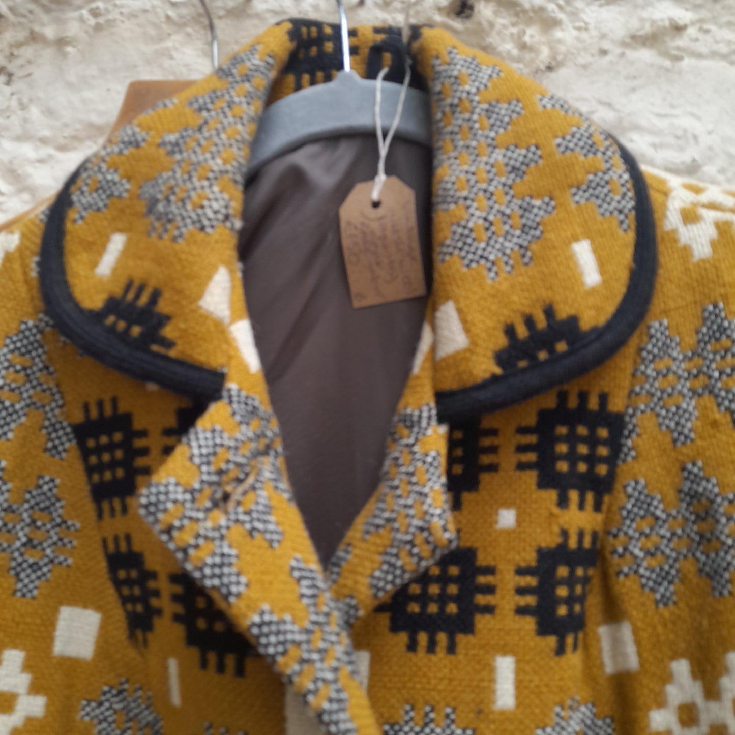 Vintage Welsh Tapestry Coat in Mustard, Black & White Caernarfonshire Design 14/16