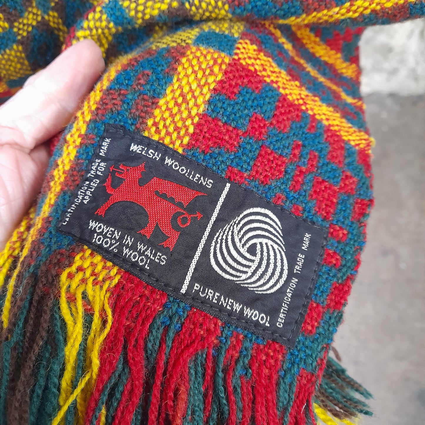 Vintage Welsh Tapestry Blanket in Green Red & Yellow by Wallis Woollen Mill King Size