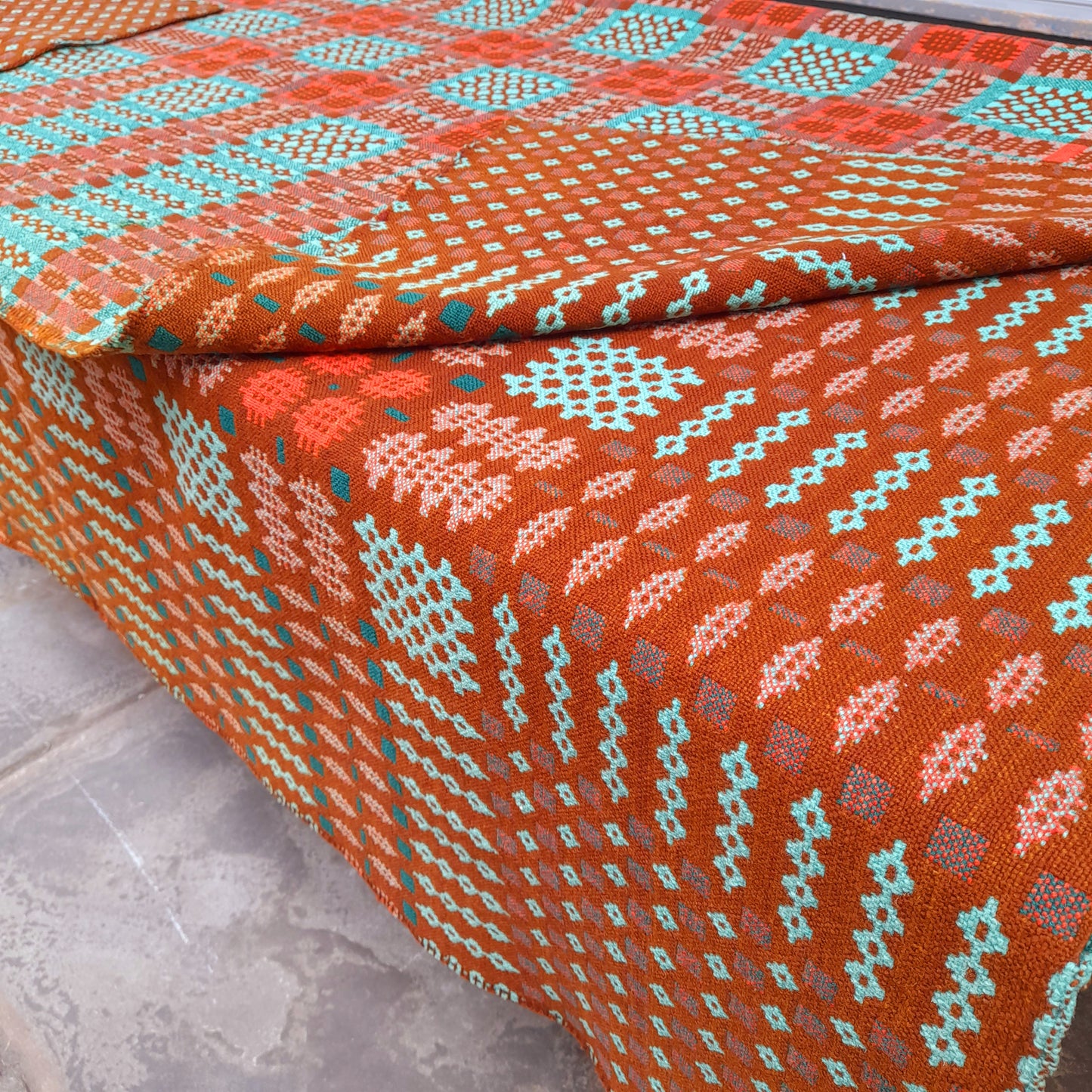 Early Antique Handmade Welsh Wool Tapestry Blanket in Teal Green, Orange Red & Terracotta