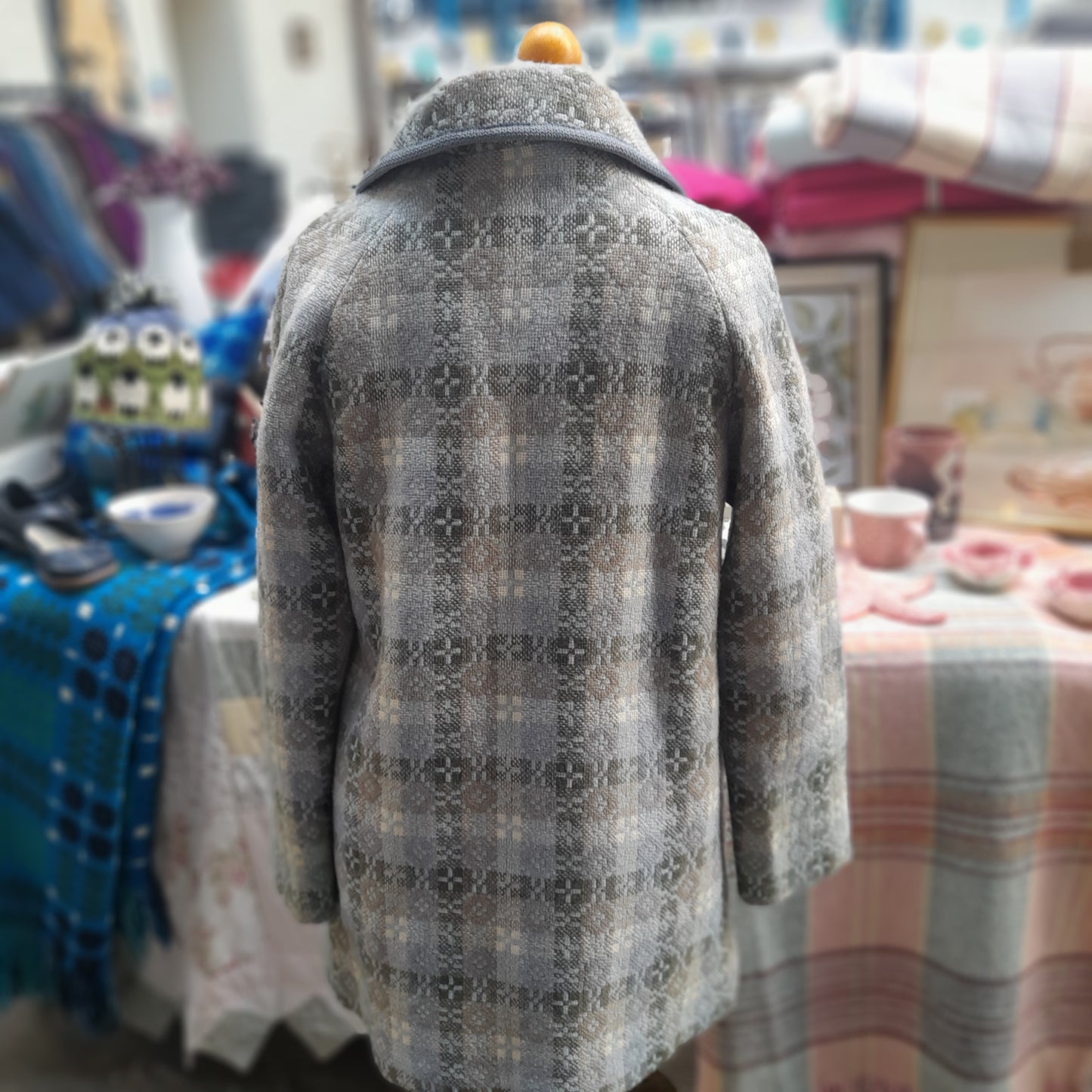 Vintage Welsh Tapestry Pea Coat in Pale Blue Grey Green & Cream by Trefriw Woollen Mill BNWT Size 12