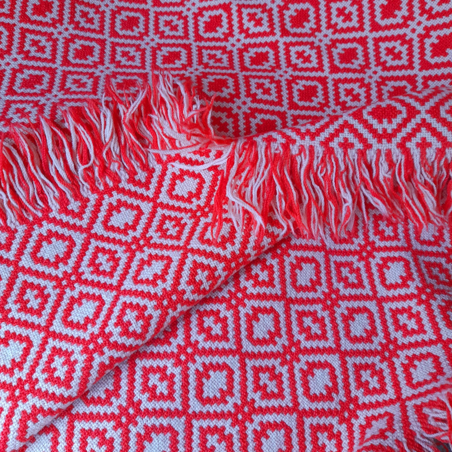 RARE Vintage Welsh Tapestry Blanket in Tomato Red & Cream by Rhydybont Mill