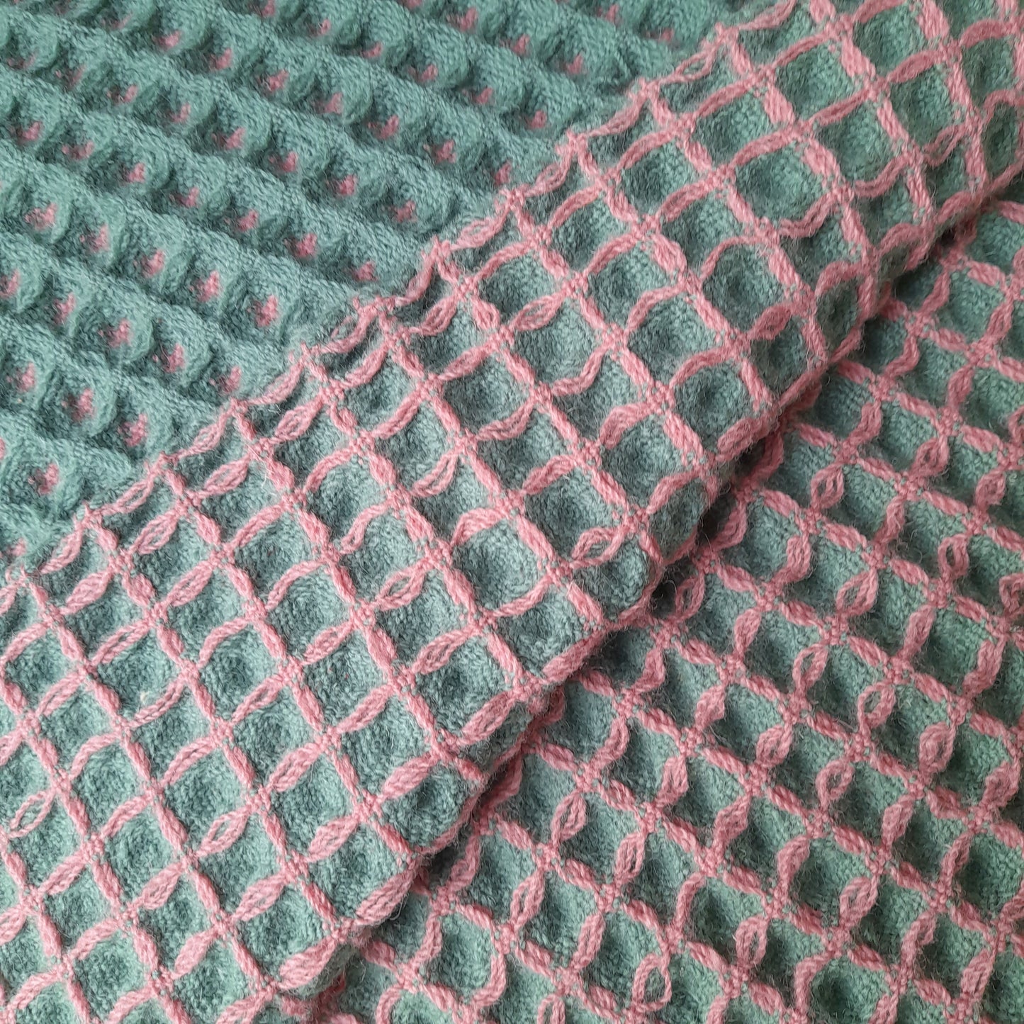 Large Vintage Welsh Wool Waffle Honeycomb Blanket in Reversible Pink & Green
