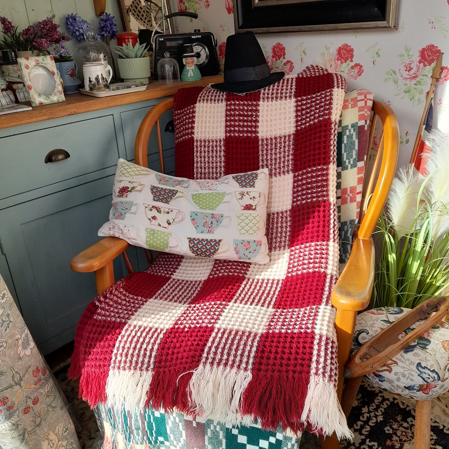 Vintage Welsh Wool Waffle Honeycomb Blanket Burgundy & Cream Check