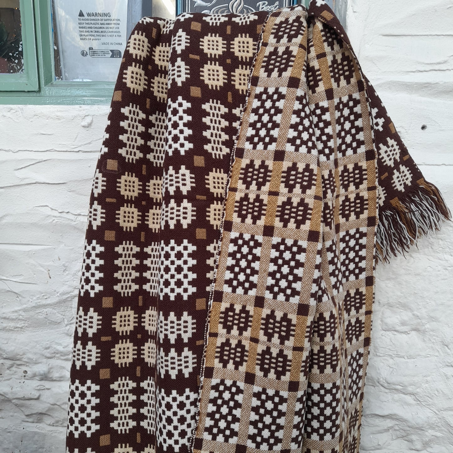 PAIR of Vintage Welsh Tapestry Blanket in Chocolate Brown & Cream