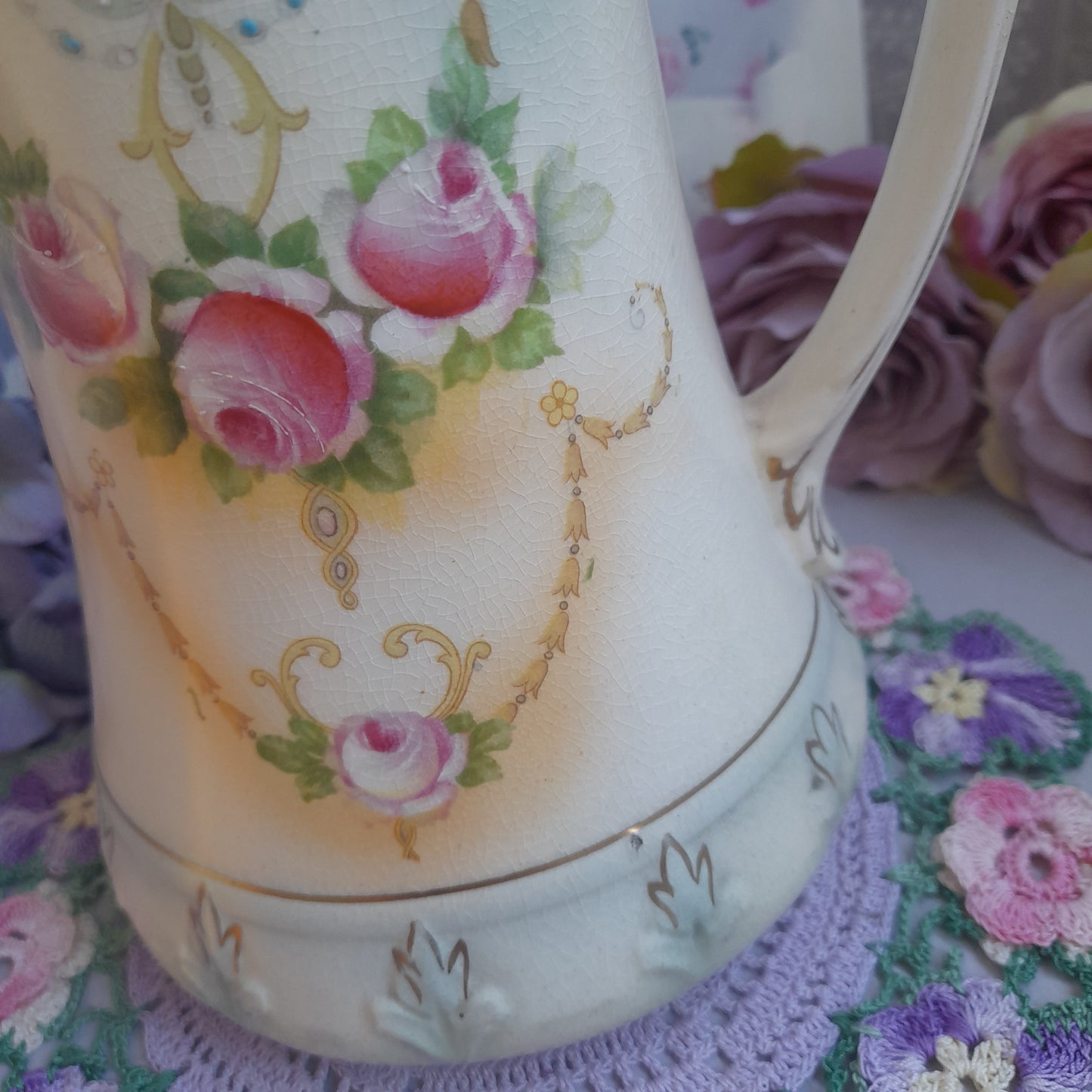 Art Nouveau Jug in Duck Egg Blue & Pink Roses Perfect Vintage Floral Vase