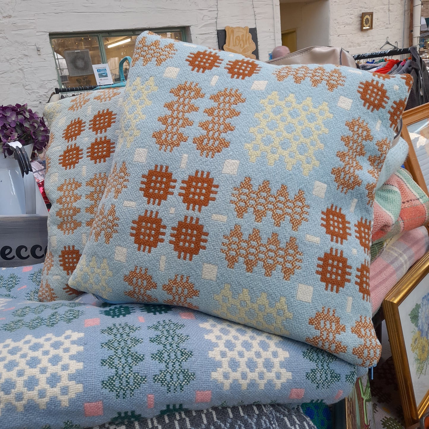 PAIR Handmade Welsh Blanket Cushions in Duck Egg Blue, Lemon & Brown 18"