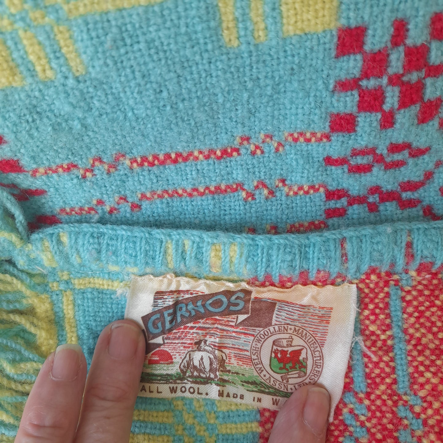 RARE Vintage Welsh Tapestry Blanket in Aqua, Raspberry Red & Daffodil Yellow by Gernos Mill
