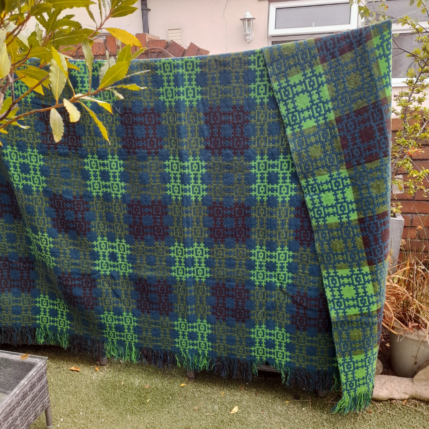 Rare Vintage Welsh Tapestry Blanket in Teal & Lime Green by Arthur Morus at Dolwerdd Mill