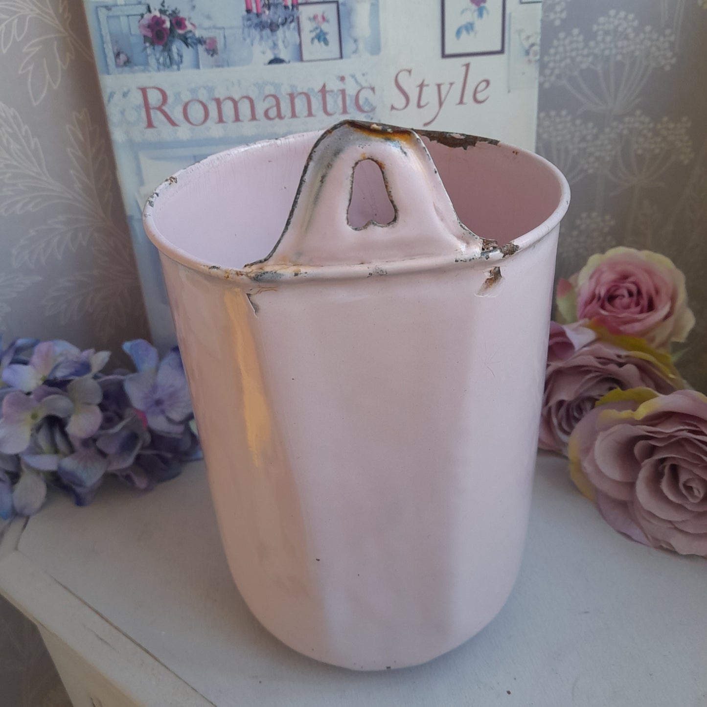 Antique Pale Pink Rustic French Enamel Water Dispenser, Brocante Style Display Will Wall Hang