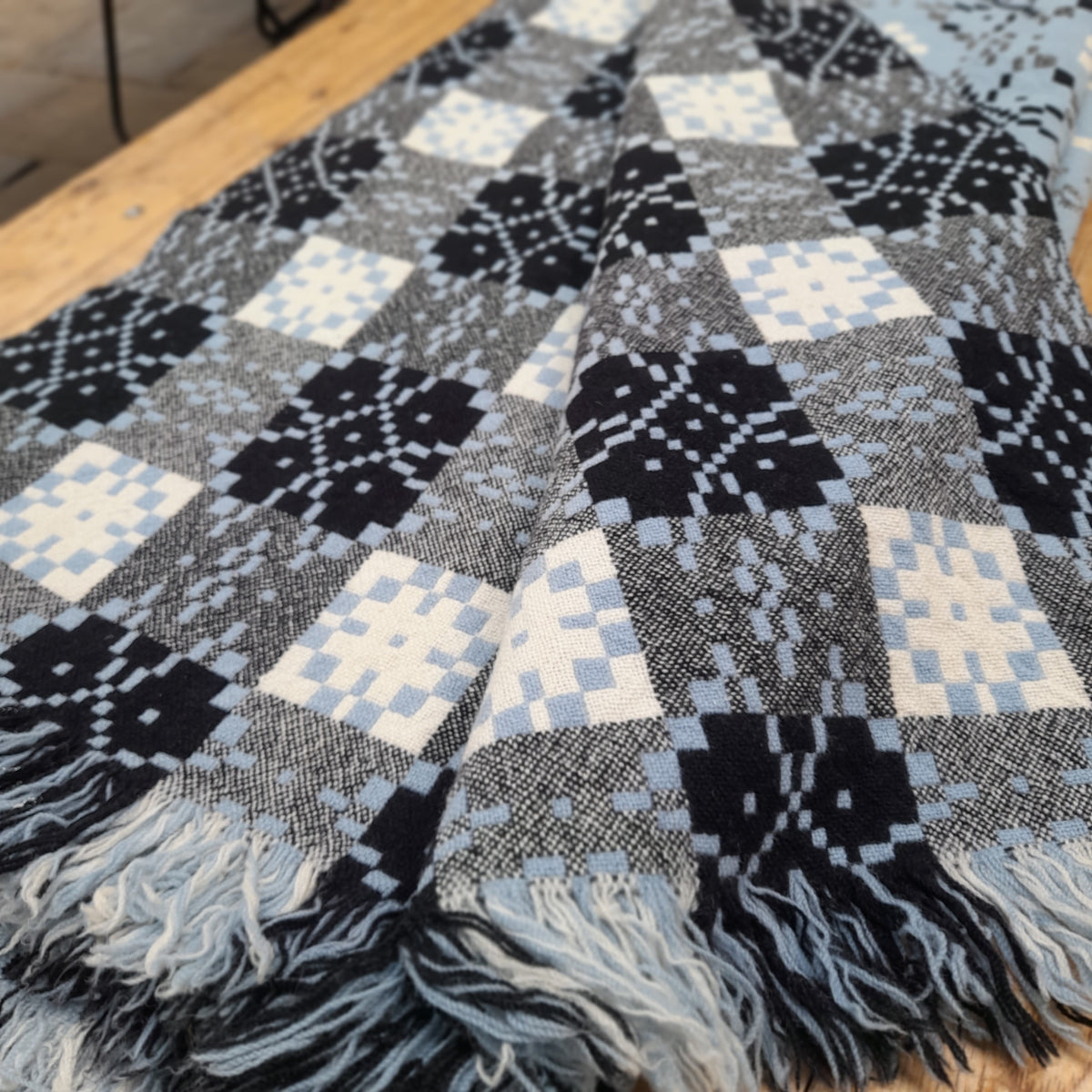 Rare Vintage Welsh Tapestry Blanket in Wedgwood Blue, White & Black King Size