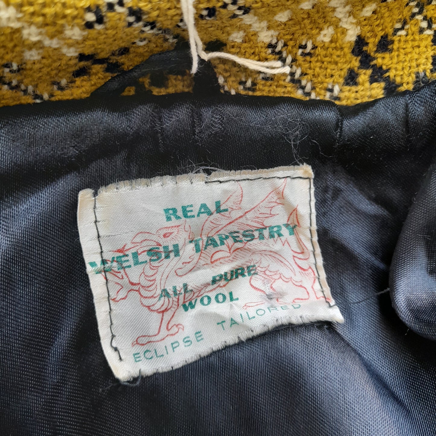 Vintage Welsh Tapestry Pea Coat in Mustard & Black Size 16/18