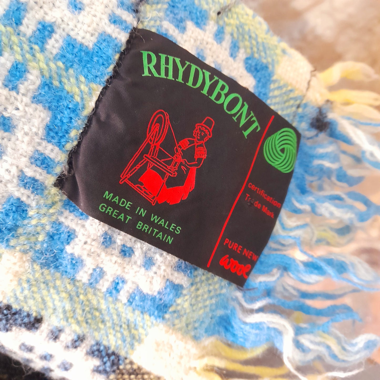 Vintage Welsh Tapestry Blanket in Cream, Sky Blue, Black & A Pop of Daffodil Yellow by Rhydybont Mill King Size
