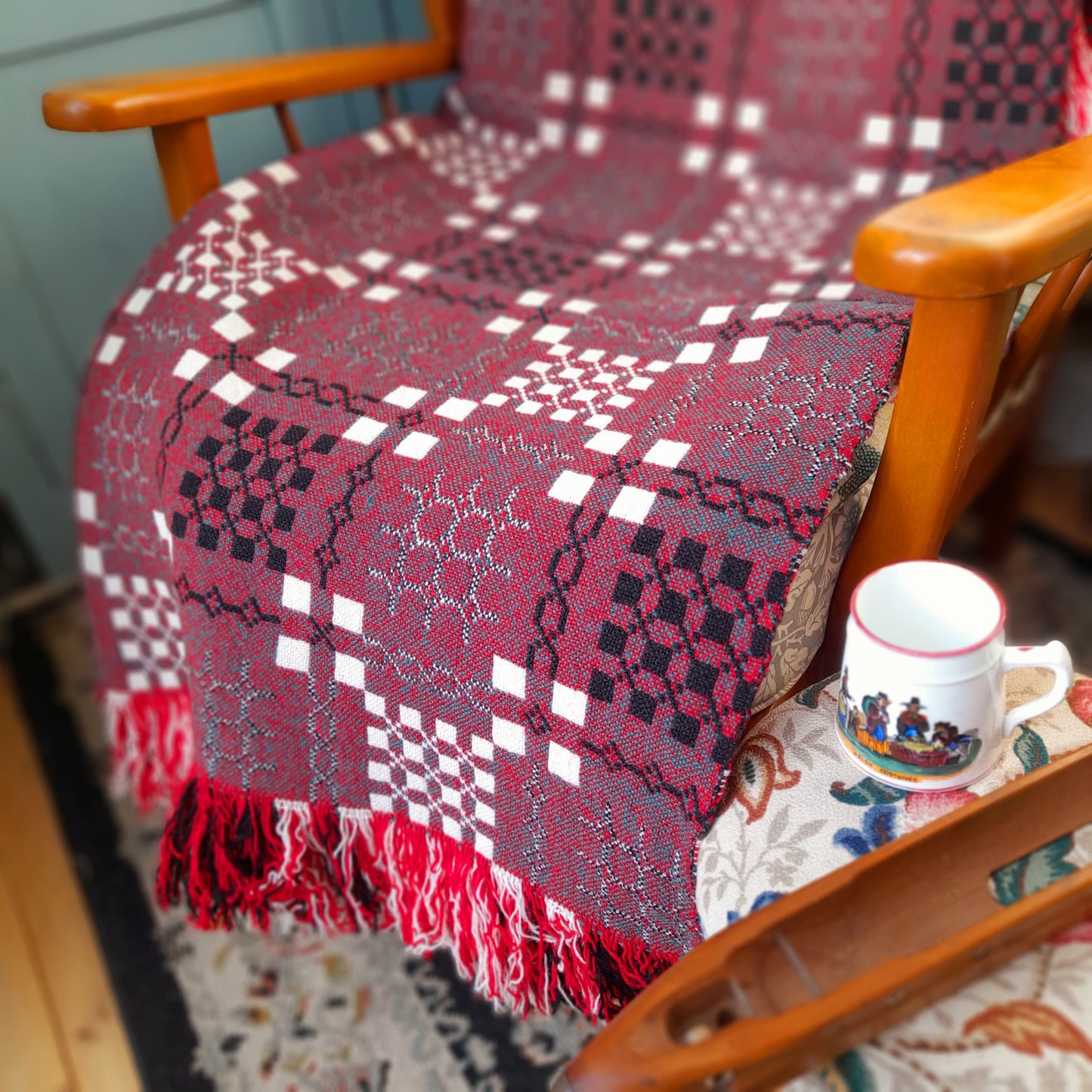 Vintage Welsh Tapestry Blanket in Red Green Black & White by Elvet Woollen Mill