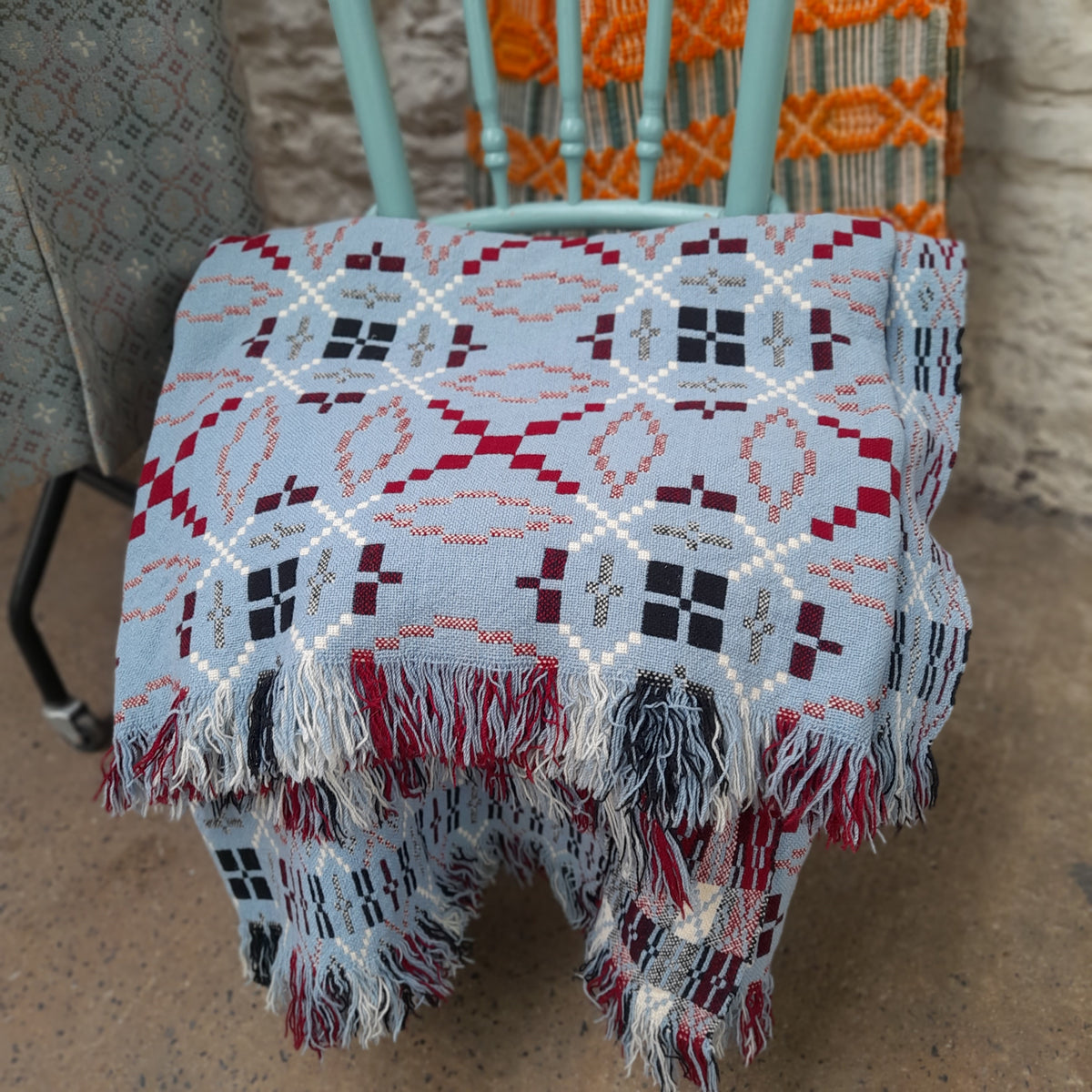 Rare Vintage Welsh Tapestry Blanket in Wedgwood Blue, White, Black & Burgundy Claret King Size