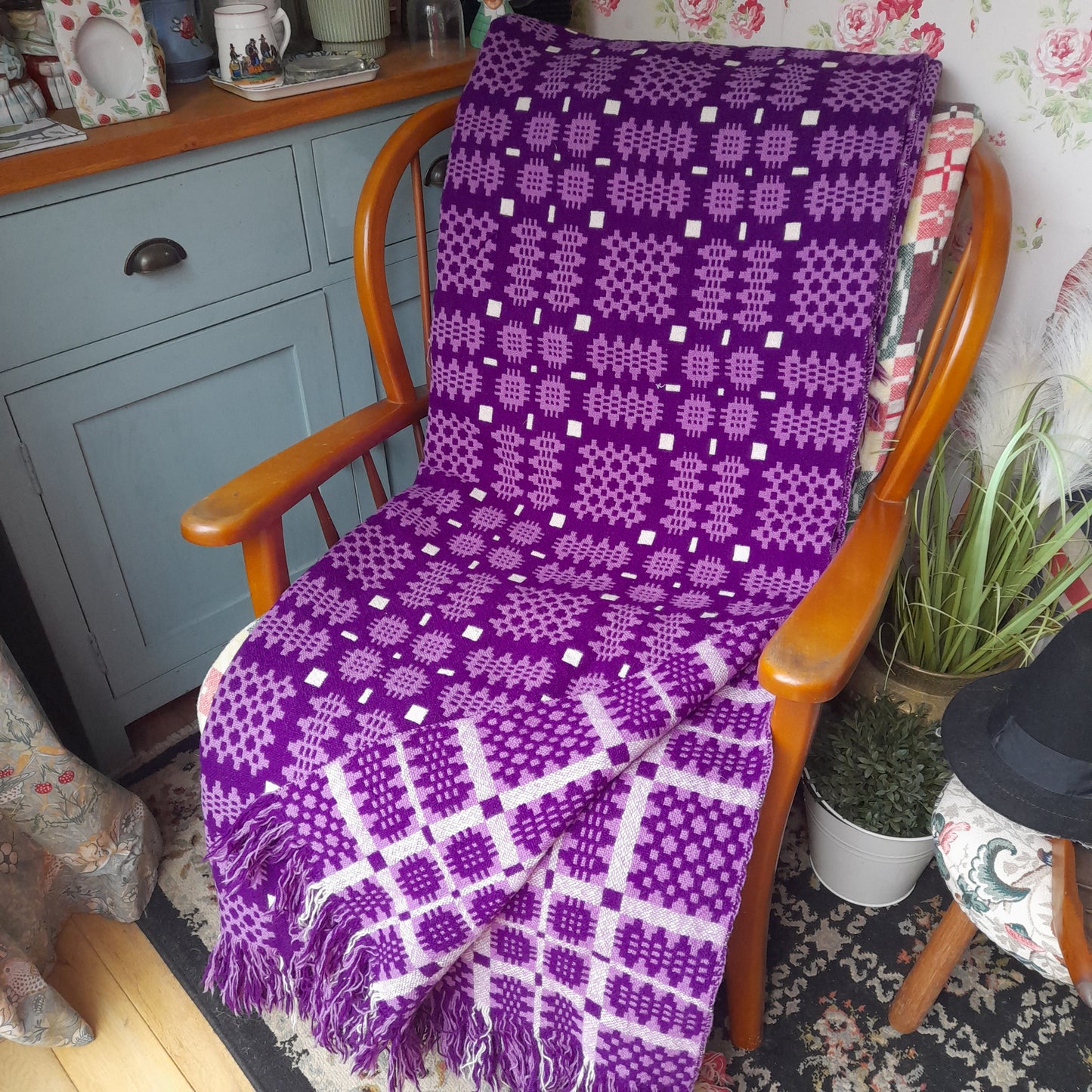 Vintage Welsh Wool Tapestry Blanket in Purple Lilac & White