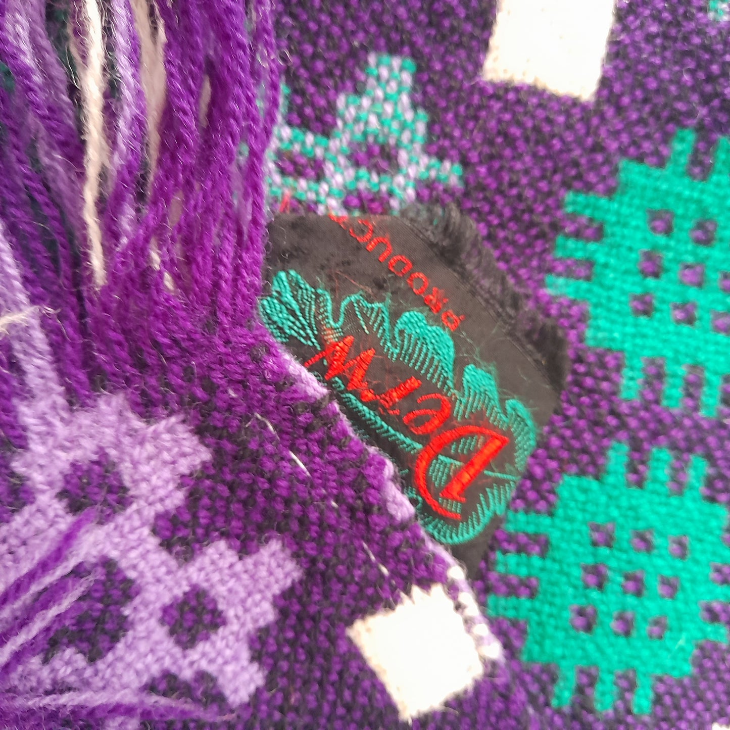 Vintage Welsh Tapestry Blanket in Purple Lilac & Teal Green King Size Original Derw Mill Label