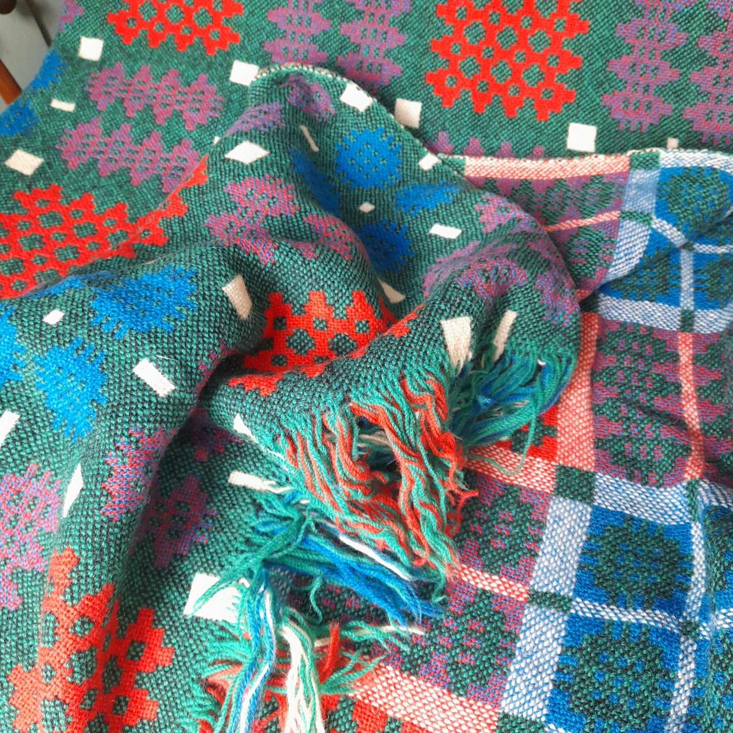 Vintage Welsh Tapestry Blanket in Teal Green, Cobalt Blue, Scarlet Red & White