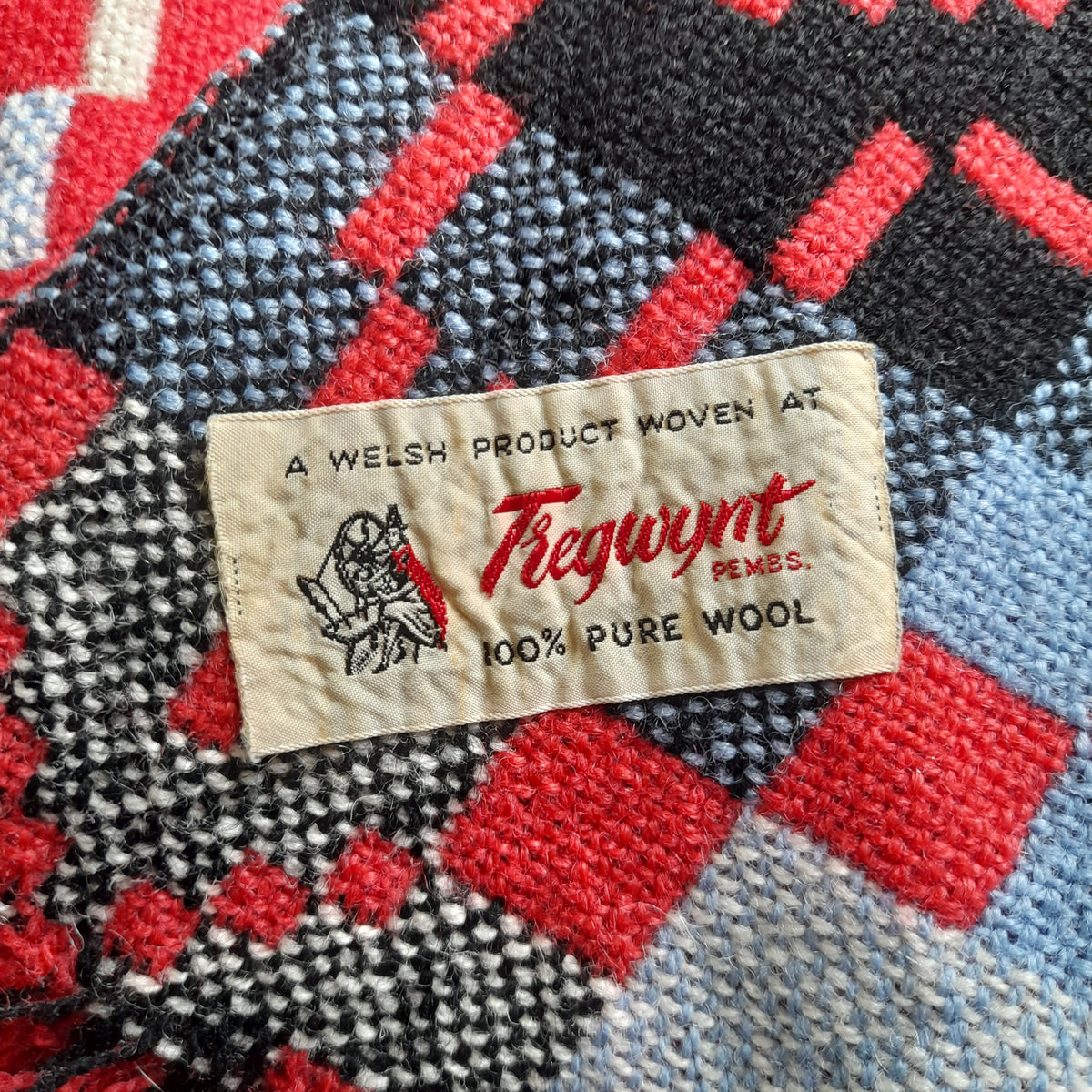 Vintage Welsh Tapestry Blanket in Raspberry Red, Black & White With A Pop of Sky Blue By Melin Tregwynt King Size