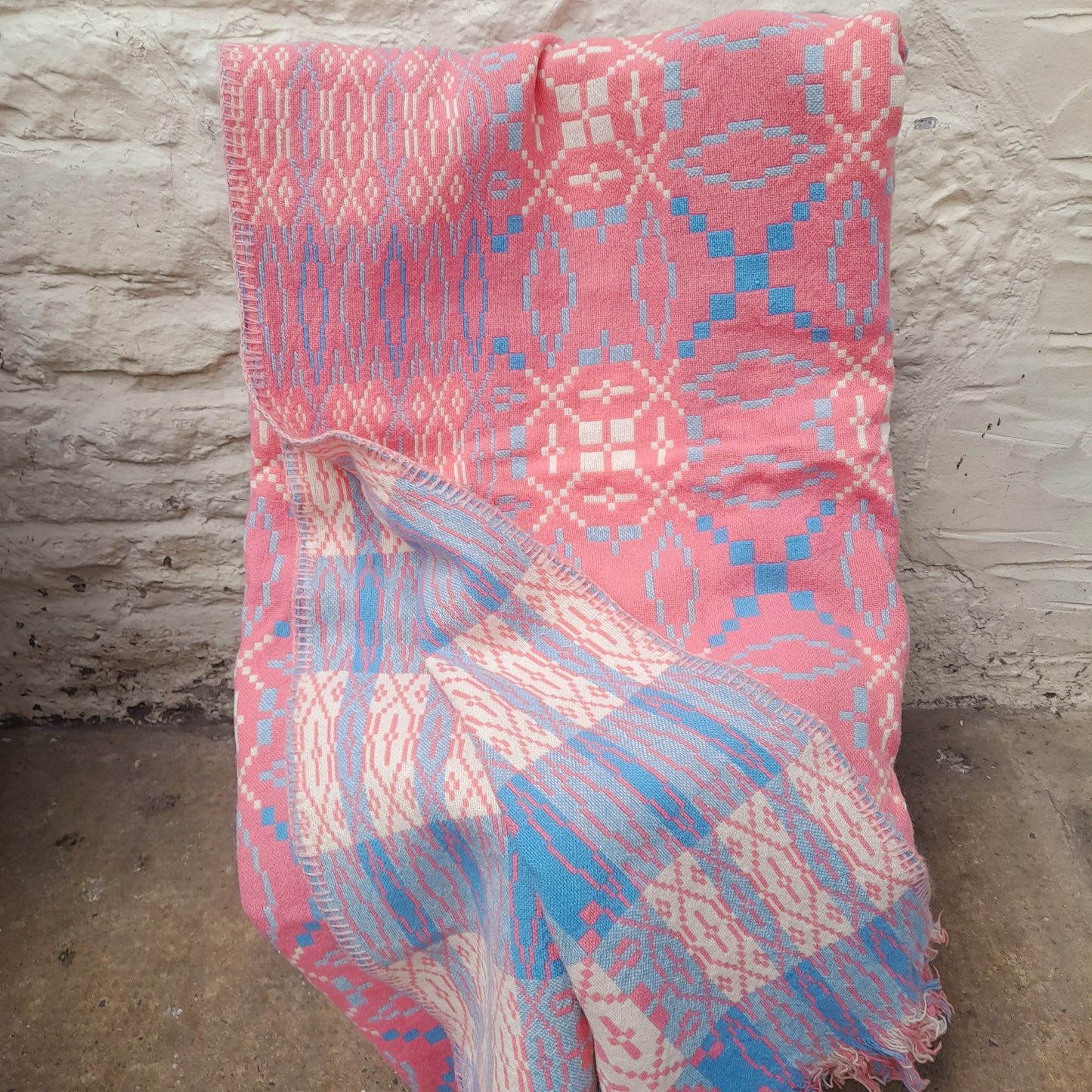 Vintage Welsh Tapestry Blanket in Baby Pink, Pale Blue & White