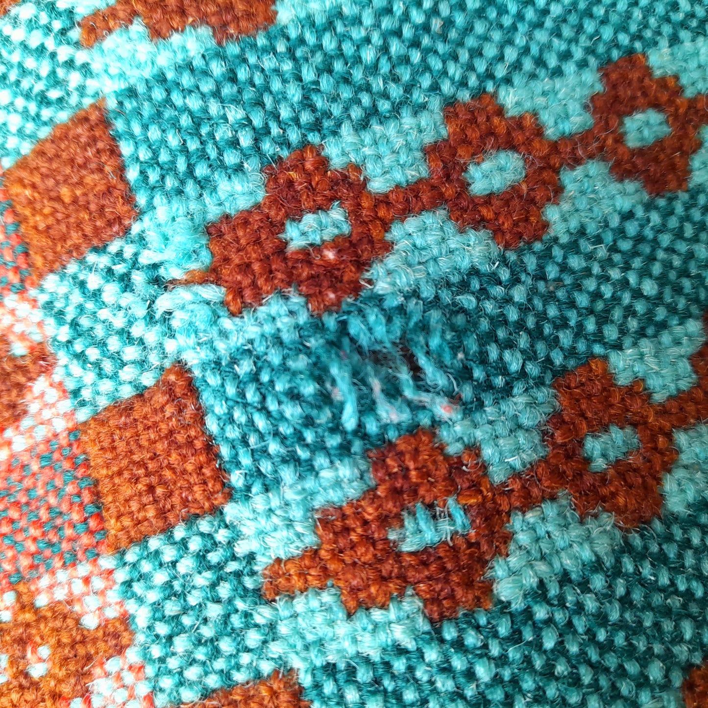 Early Antique Handmade Welsh Wool Tapestry Blanket in Teal Green, Orange Red & Terracotta