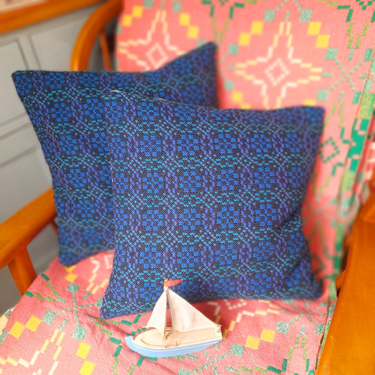PAIR Handmade Cushions Made From Vintage Welsh Tapestry Fabric in Navy Blue, Green & Black 18"