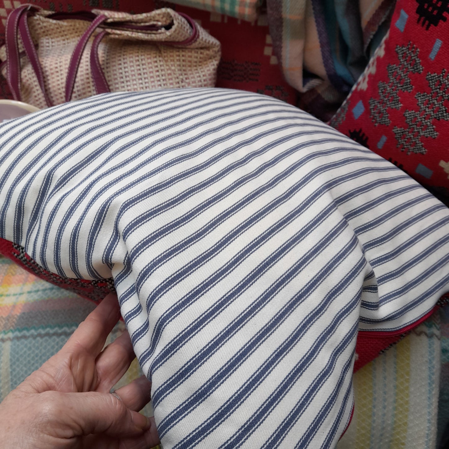 PAIR Handmade Welsh Blanket Cushions in Cerise Pink, Black & White With a Pop of Blue 18"
