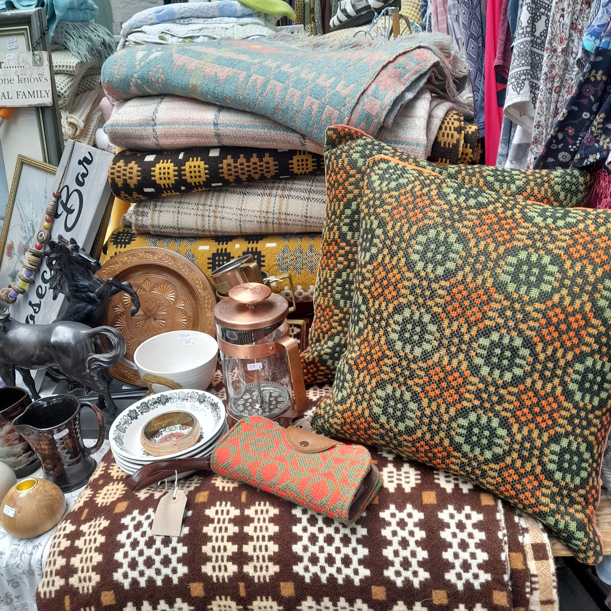 PAIR of Cushions Handmade In Vintage Welsh Tapestry Olive Green & Burnt Orange 18"