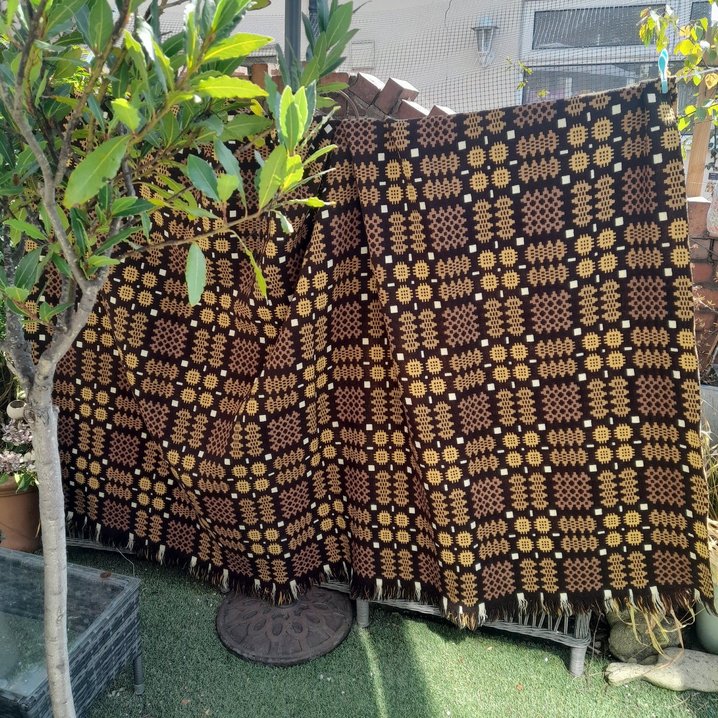 Vintage Welsh Tapestry Blanket in Brown, Gold & Cream by Trefriw Woollen Mill