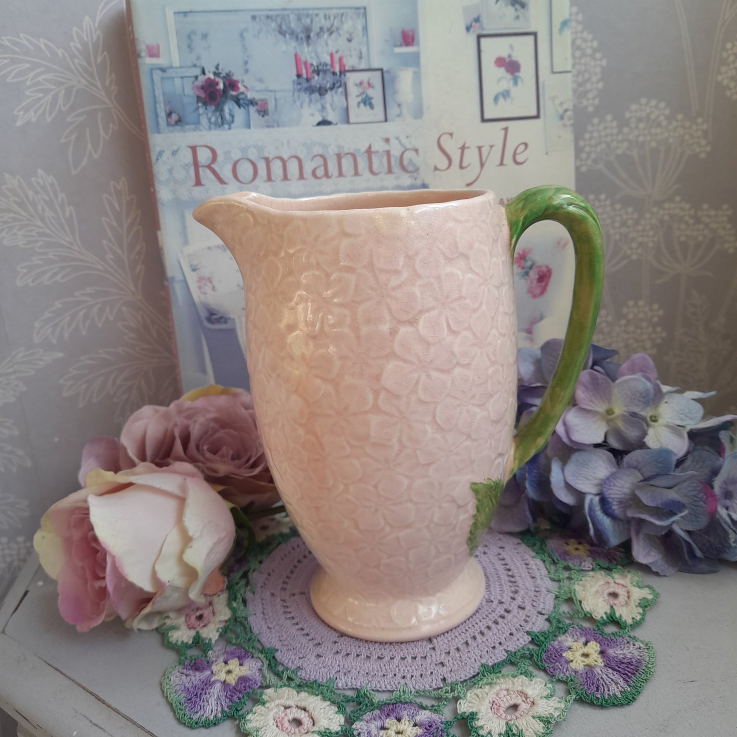 Art Deco Falcon Ware Pink Hydrangea Ceramic Jug Decorative Pitcher With Green Handle
