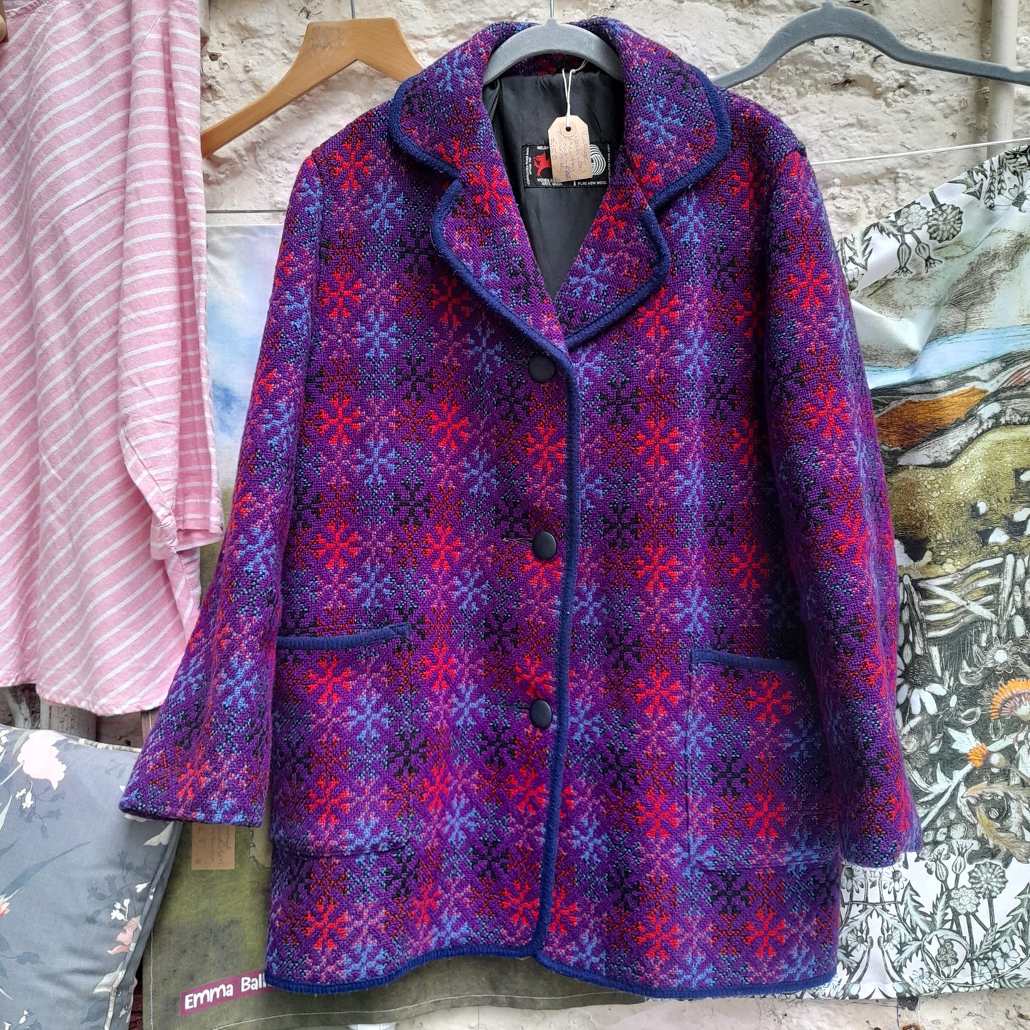 Vintage Welsh Tapestry Coat in Purple, Red, Blue & Black 16/18