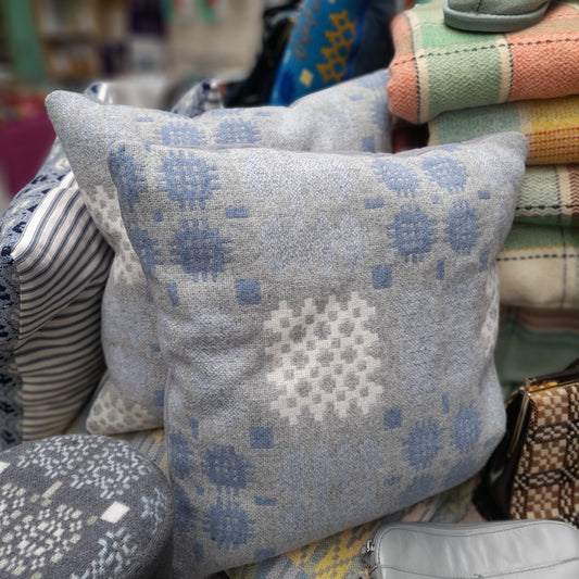 Pair of Welsh Tapestry Blanket Cushions in Pale Blue Grey & White Limited Edition 18"