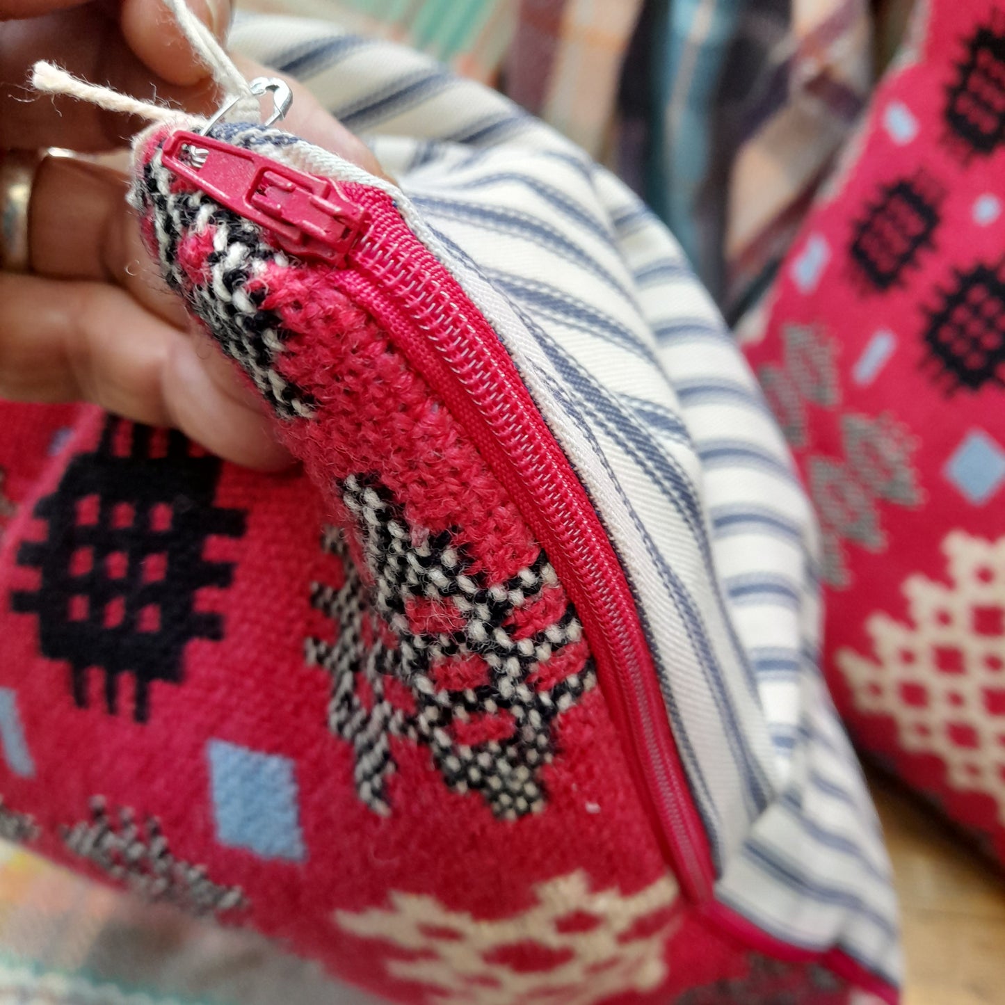 PAIR Handmade Welsh Blanket Cushions in Cerise Pink, Black & White With a Pop of Blue 18"