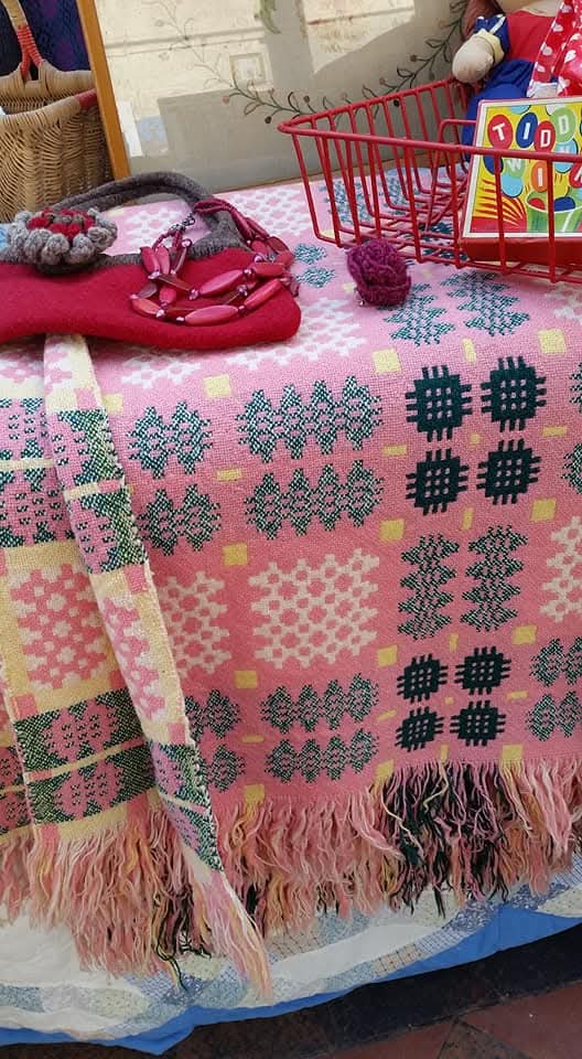 Vintage Welsh Tapestry Blanket in Pink Green & White With a Pop of Yellow by Elfed Woollen Mill