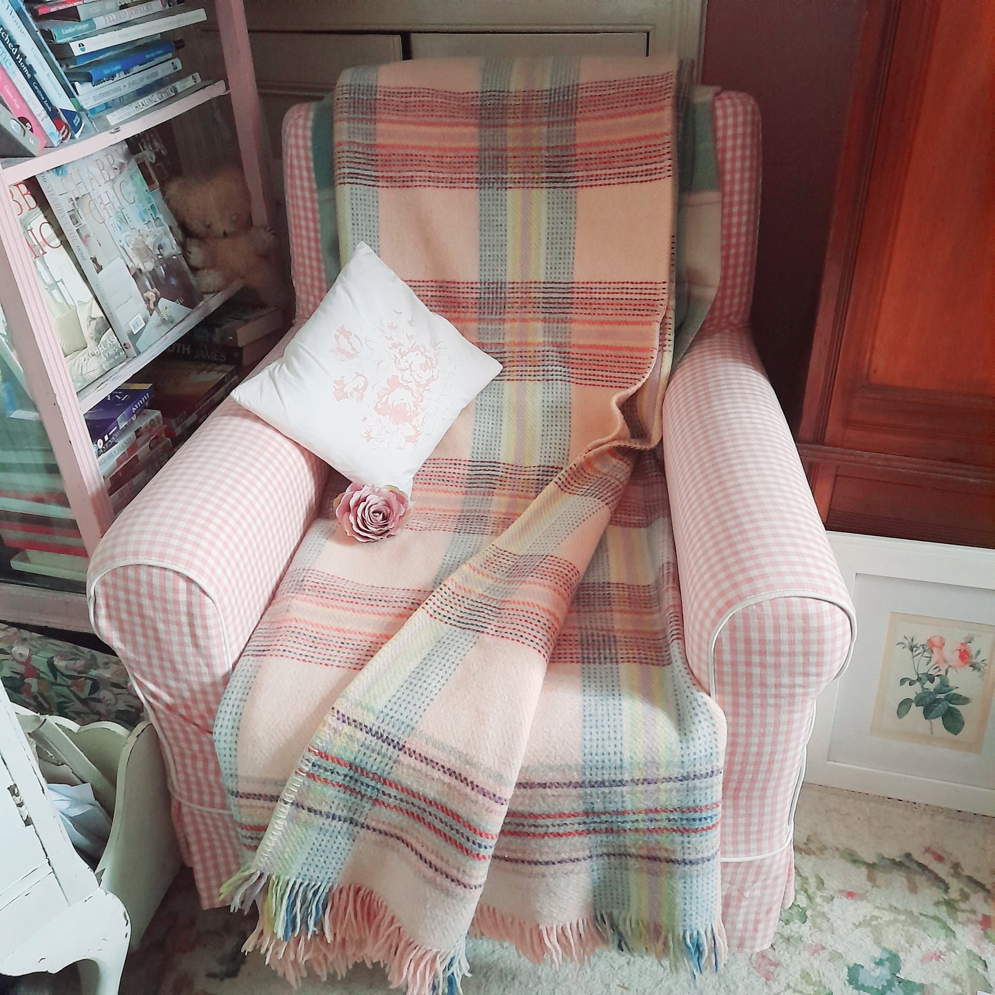 Vintage Welsh Blanket in Pretty Pastel Plaid Checks in Pink Lilac Blue & Pop of Red