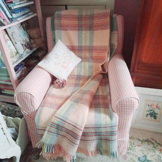 Vintage Welsh Blanket in Pretty Pastel Plaid Checks in Pink Lilac Blue & Pop of Red