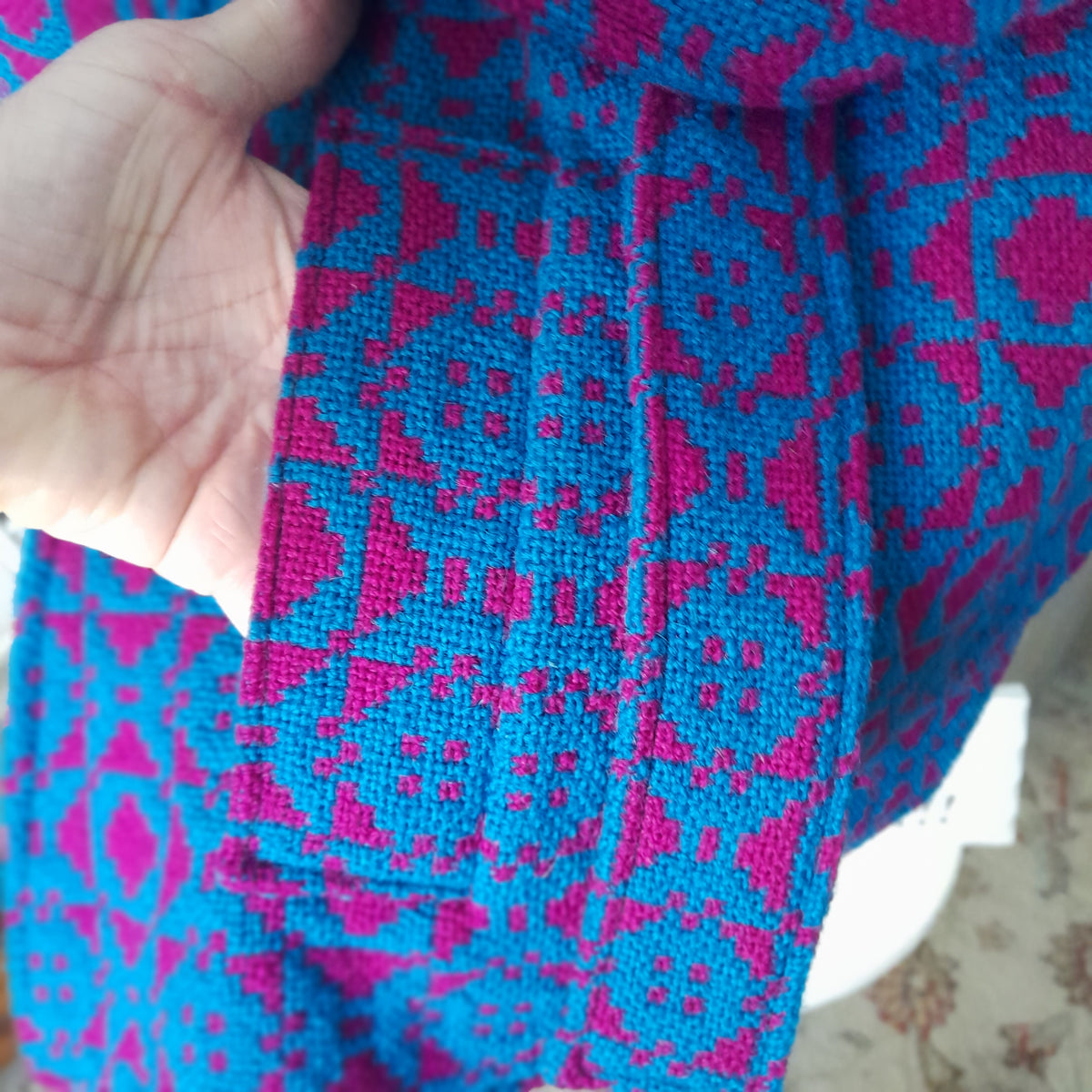 Vintage Welsh Tapestry Cape/Poncho in Dark Cerise Pink & Bright Blue Size 12/14