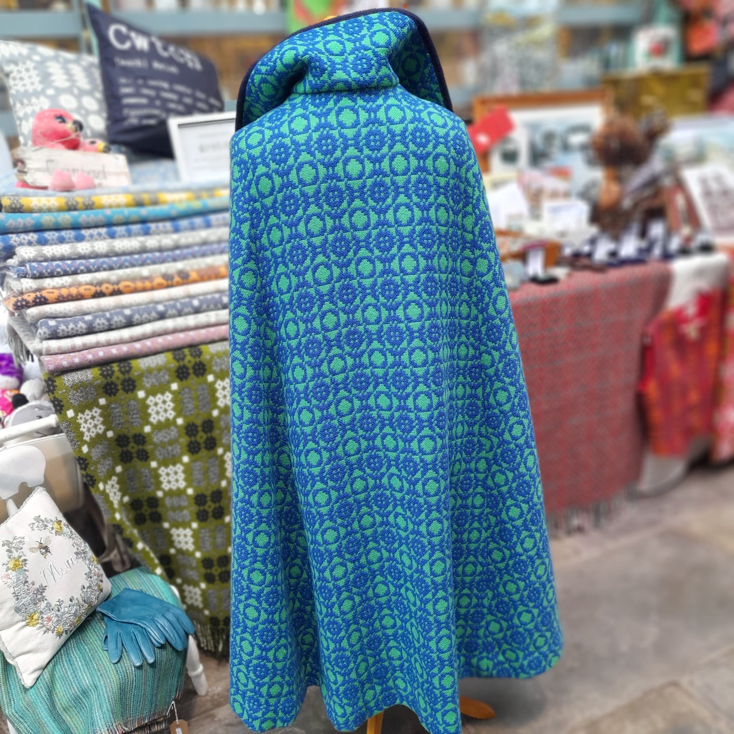 Vintage Welsh Tapestry Cape in Blue & Green Full Length
