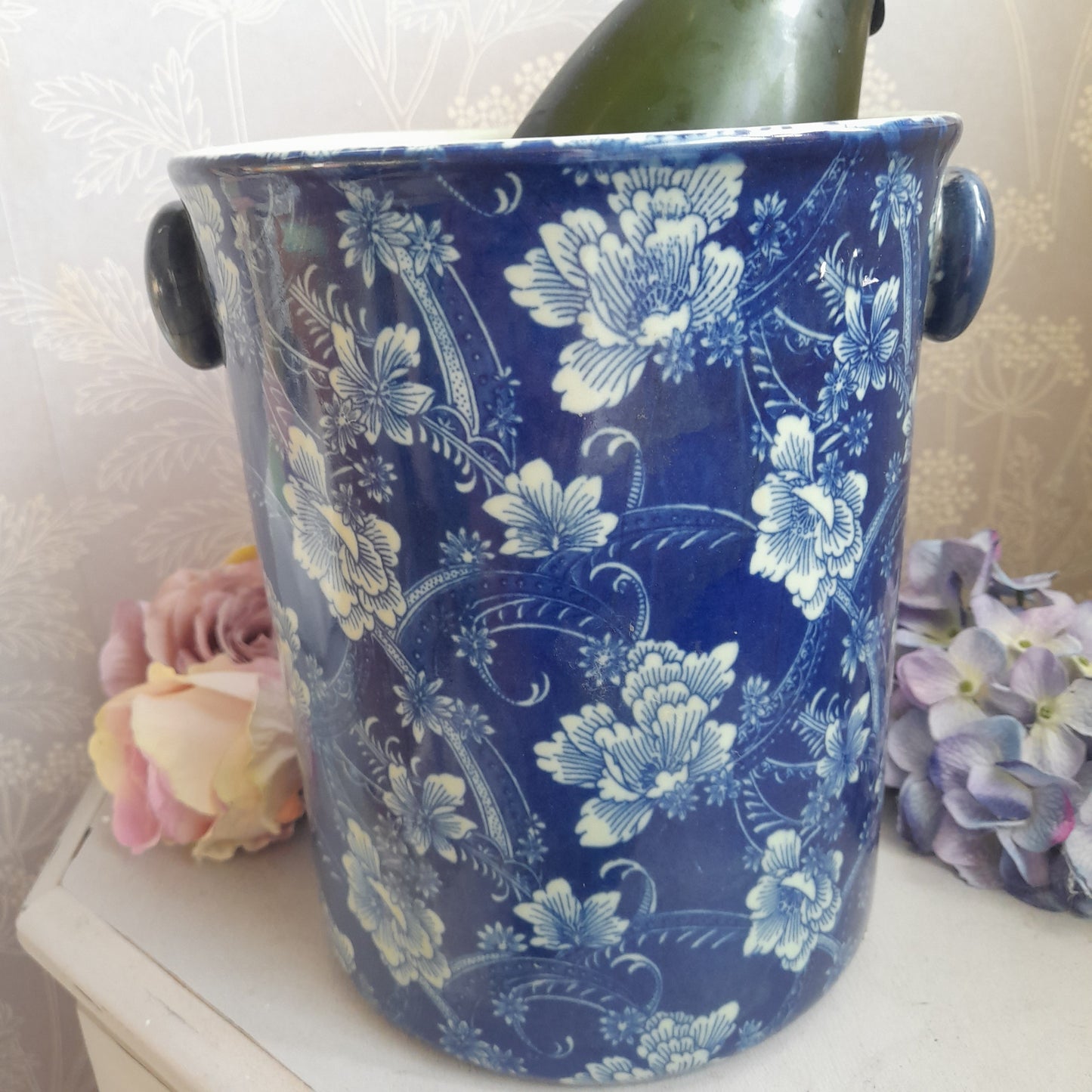Vintage Blue & White Floral Ceramic Wine Cooler Champagne Bucket