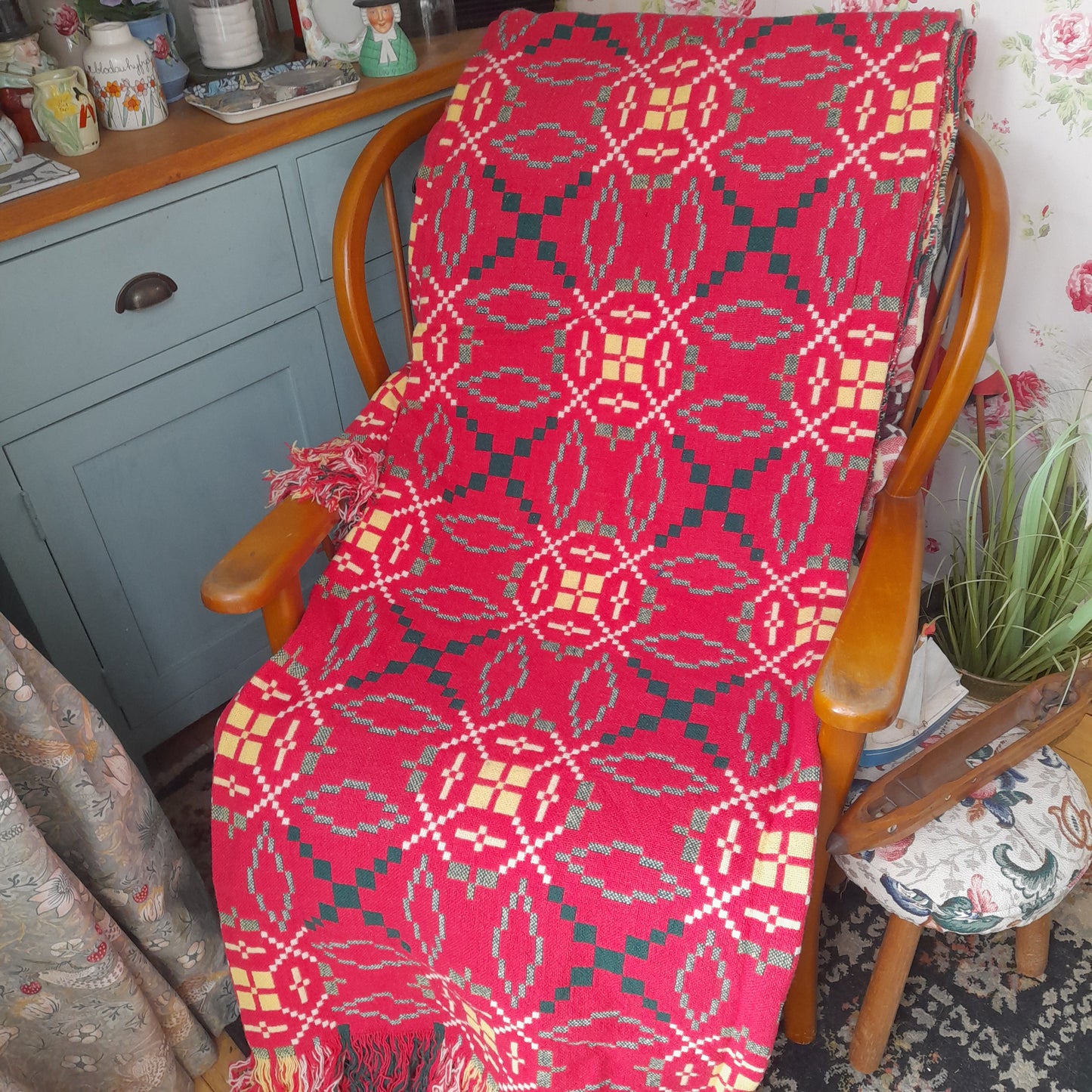 Vintage Welsh Tapestry Blanket in Raspberry Red/Pink, Emerald Green, Daffodil Yellow & Cream by Derw Mill King Size