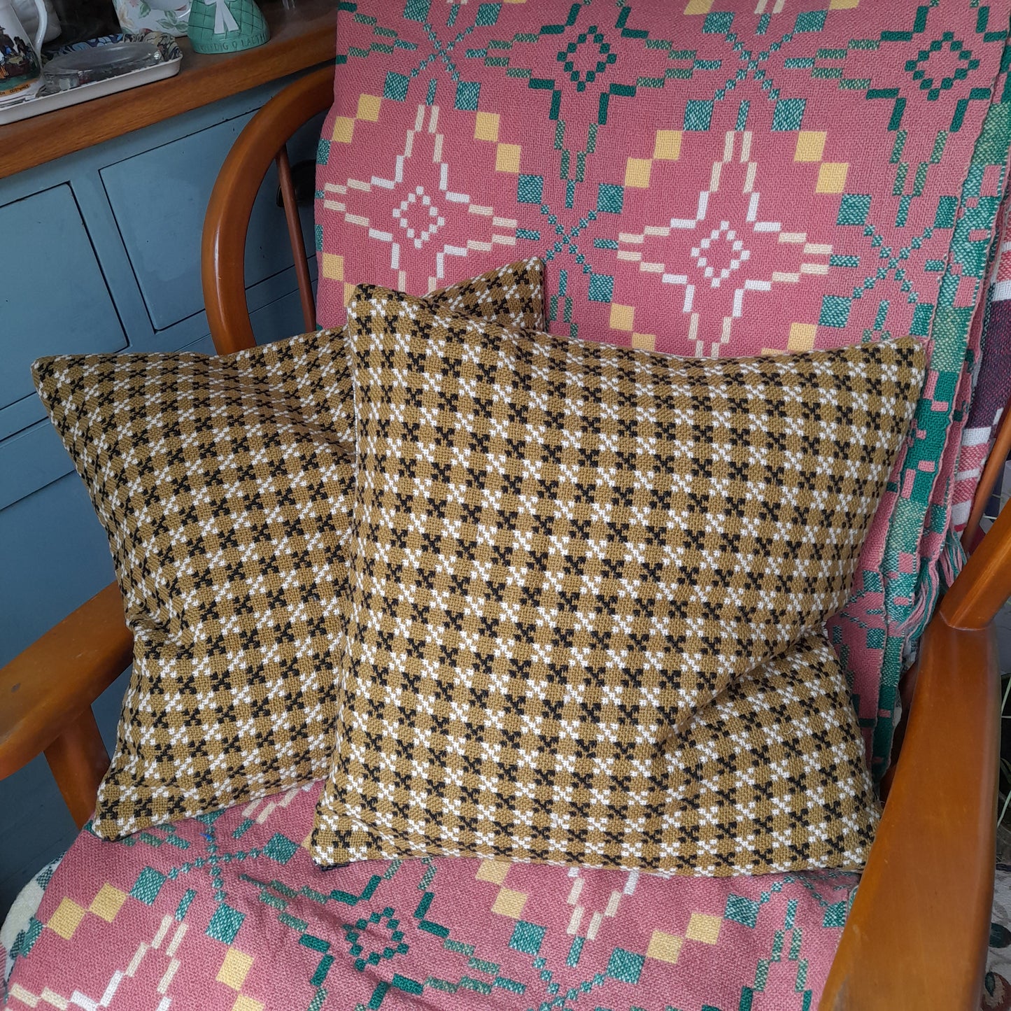 PAIR Handmade Cushions Made From Vintage Welsh Tapestry Fabric in Mustard, Black & Cream 18"