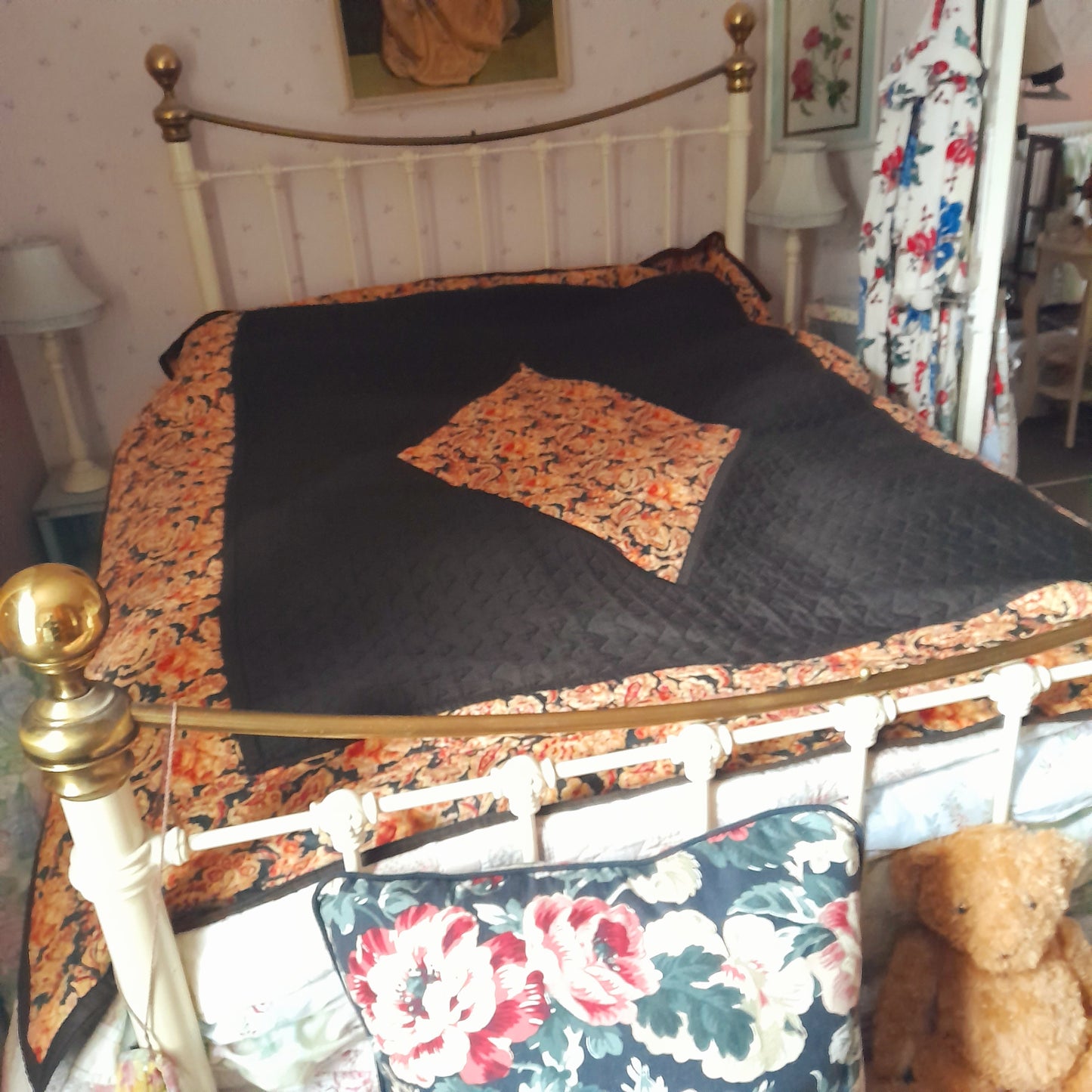 Art Deco Antique Black & Burnt Orange Paisley Quilt Reversible