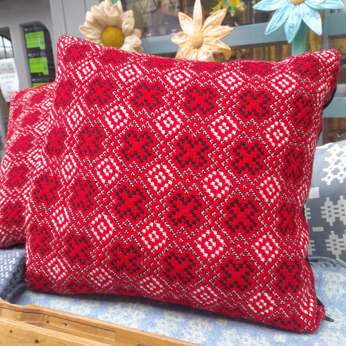 PAIR Handmade Welsh Tapestry Cushions in Red, Black & White 18"