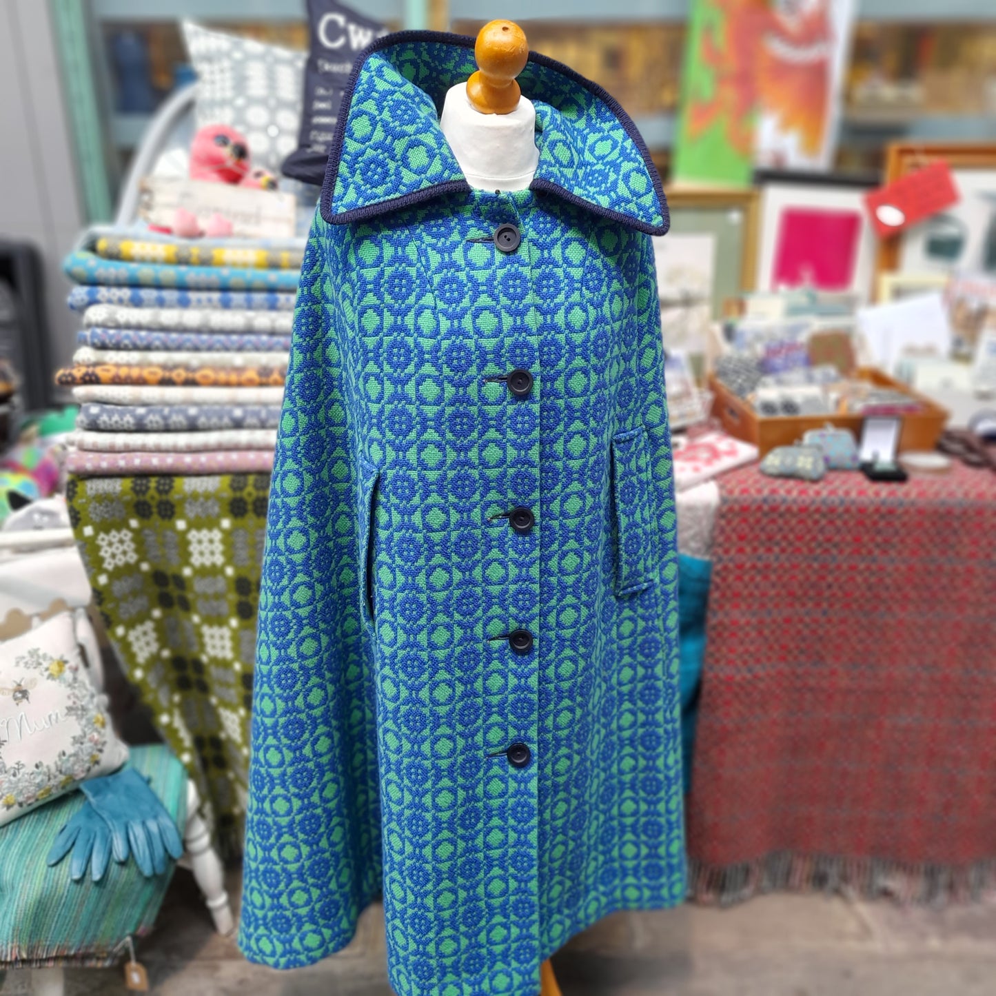 Vintage Welsh Tapestry Cape in Blue & Green Full Length