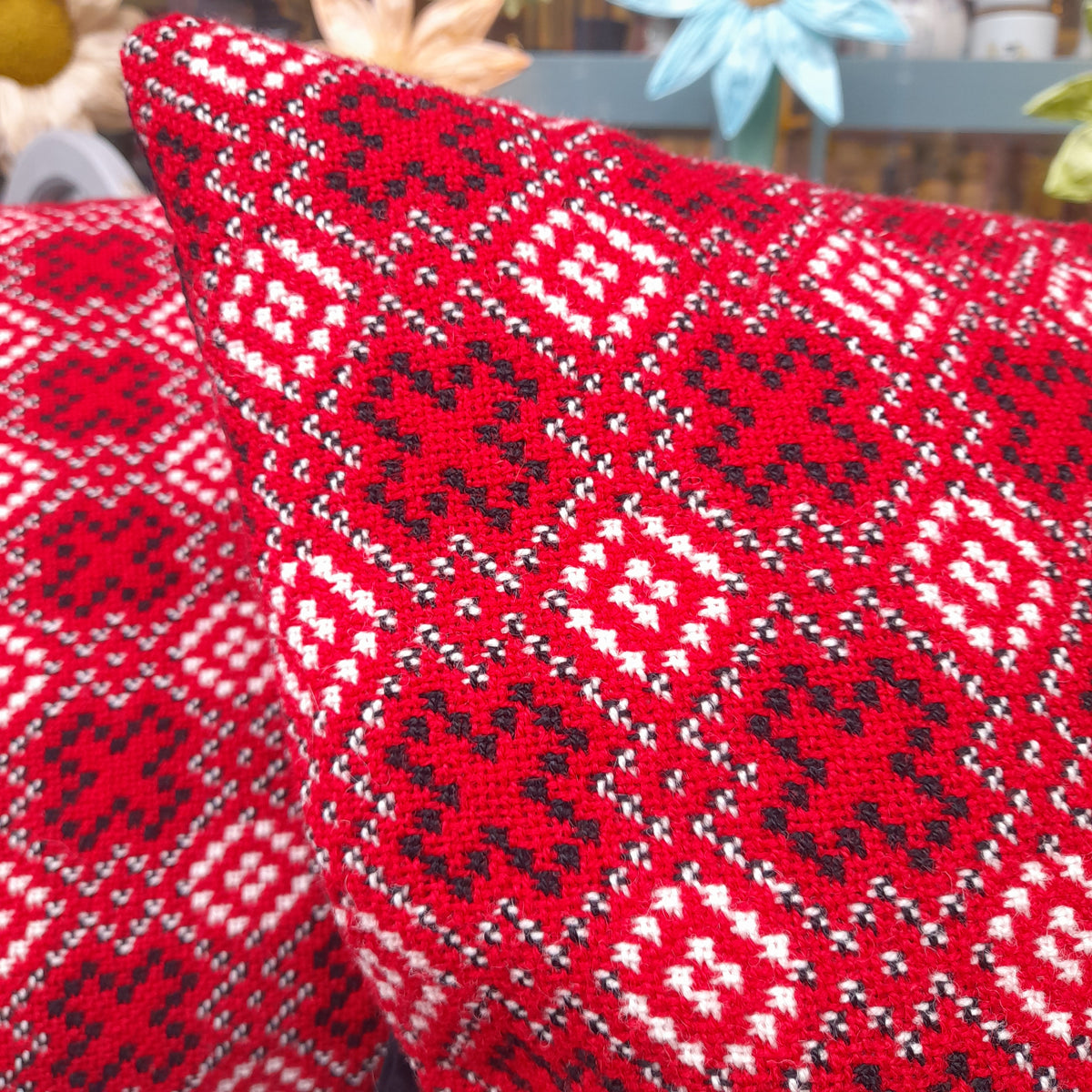 PAIR Handmade Welsh Tapestry Cushions in Red, Black & White 18"