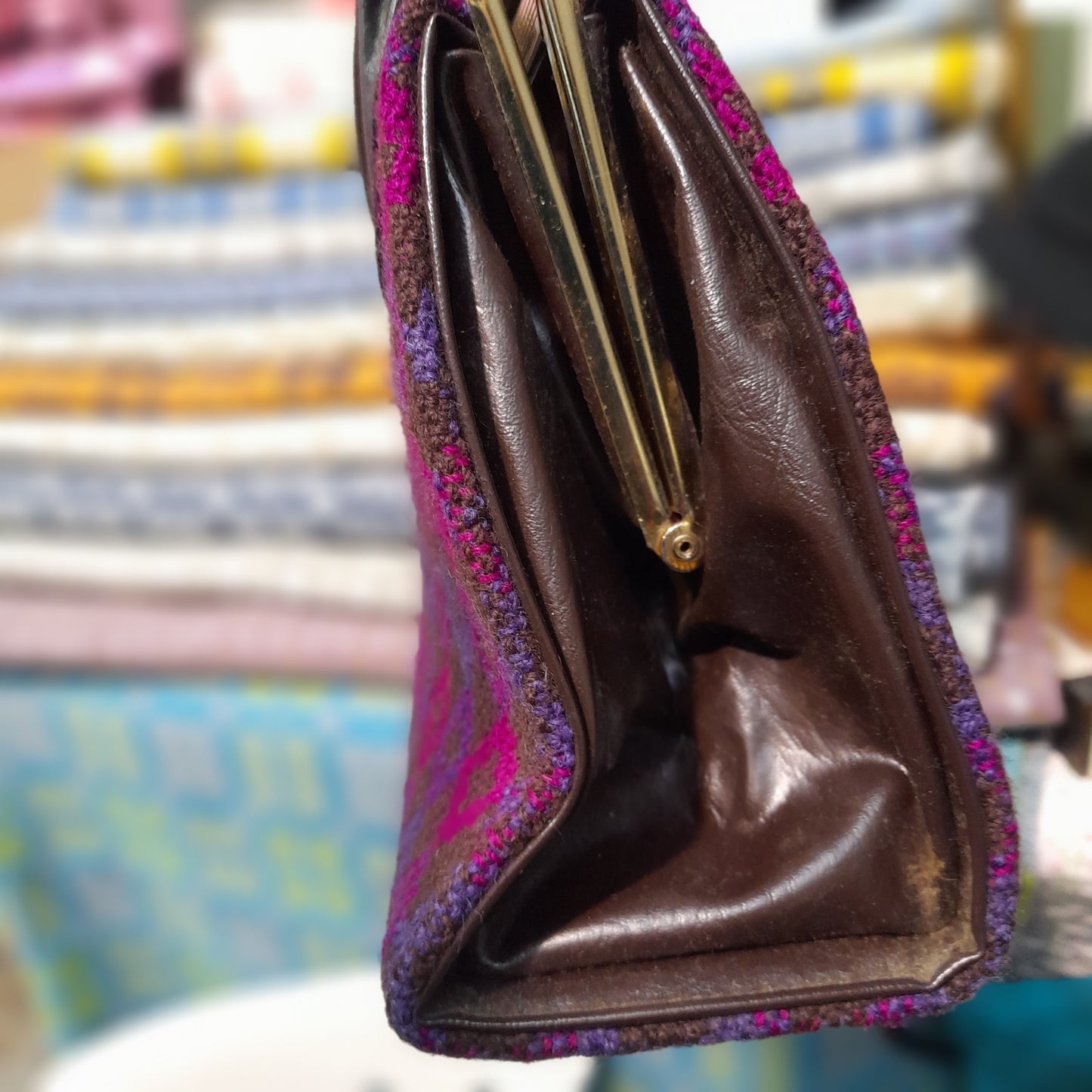 Vintage Welsh Tapestry Handbag in Cerise Pink & Purple Chevrons