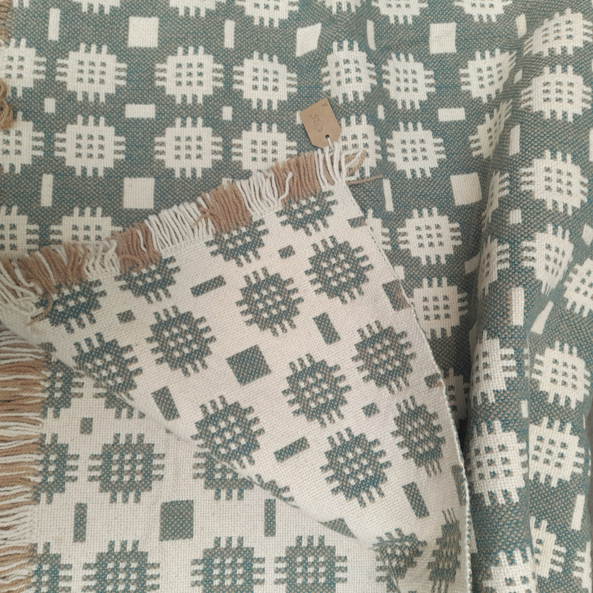 Handwoven Welsh Tapestry Rug in Sage Green & Cream by Solva Woollen Mill 58" x 35"
