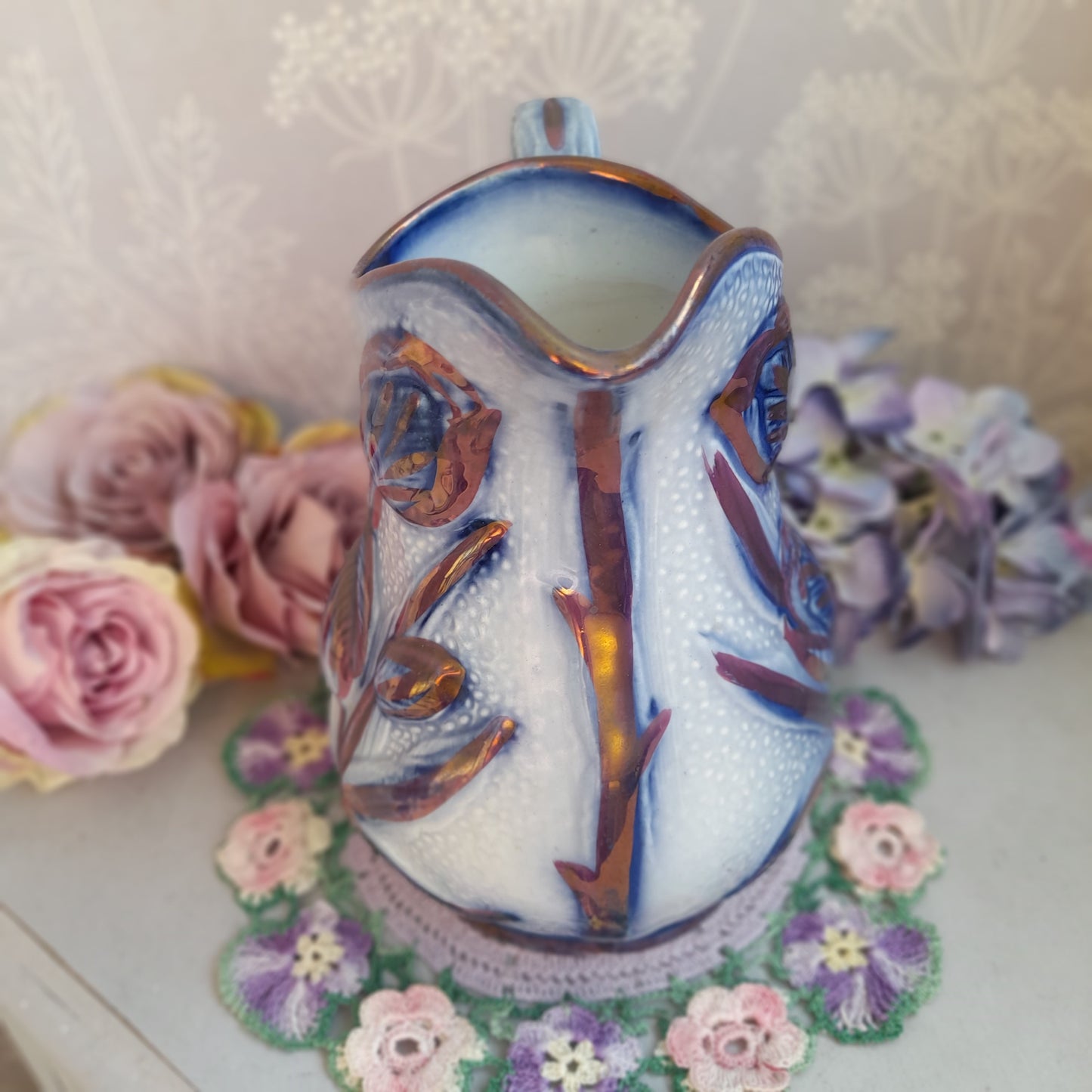 19thC James Dudson Antique Lusterware Blue & Gold Tulip Pitcher Jug