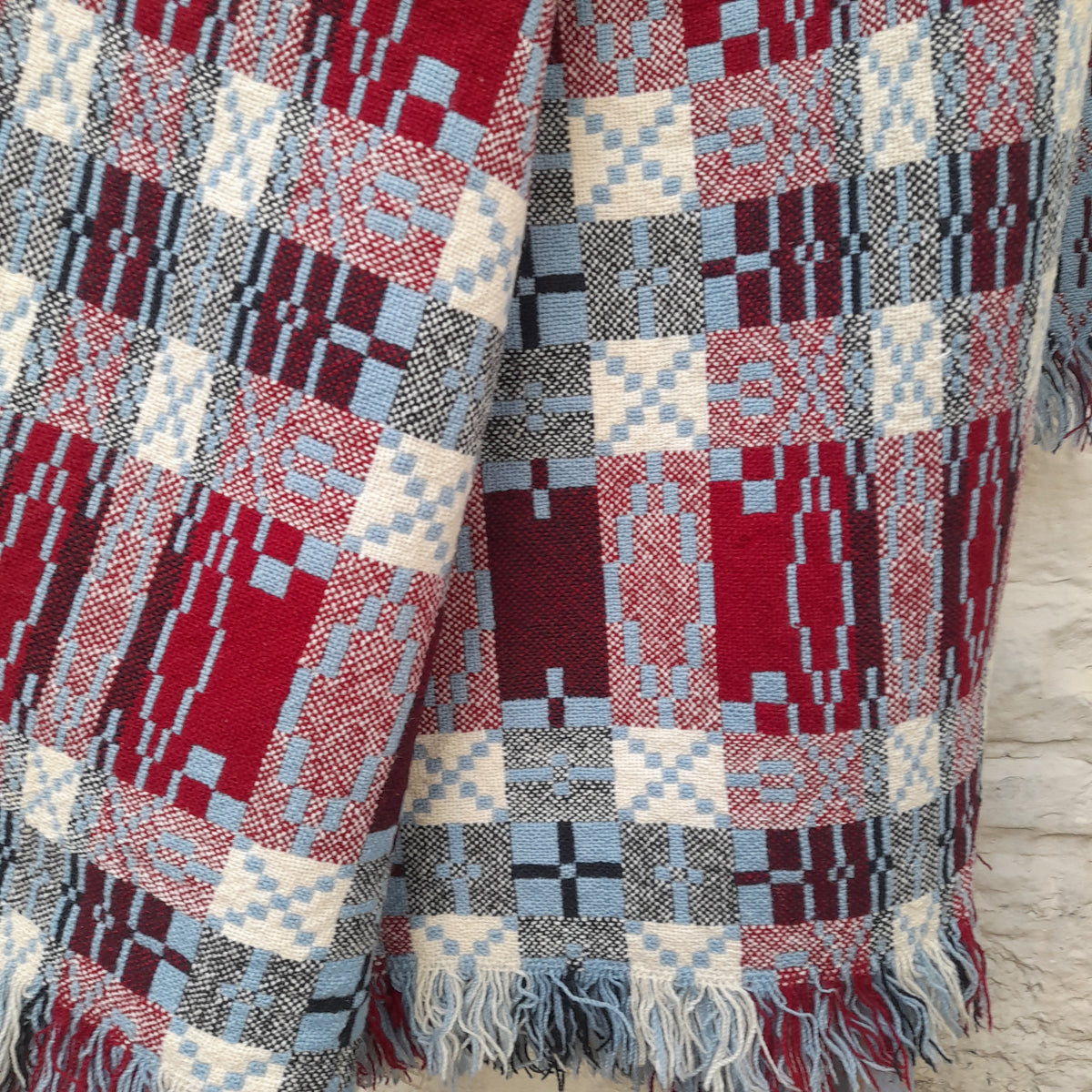 Rare Vintage Welsh Tapestry Blanket in Wedgwood Blue, White, Black & Burgundy Claret King Size